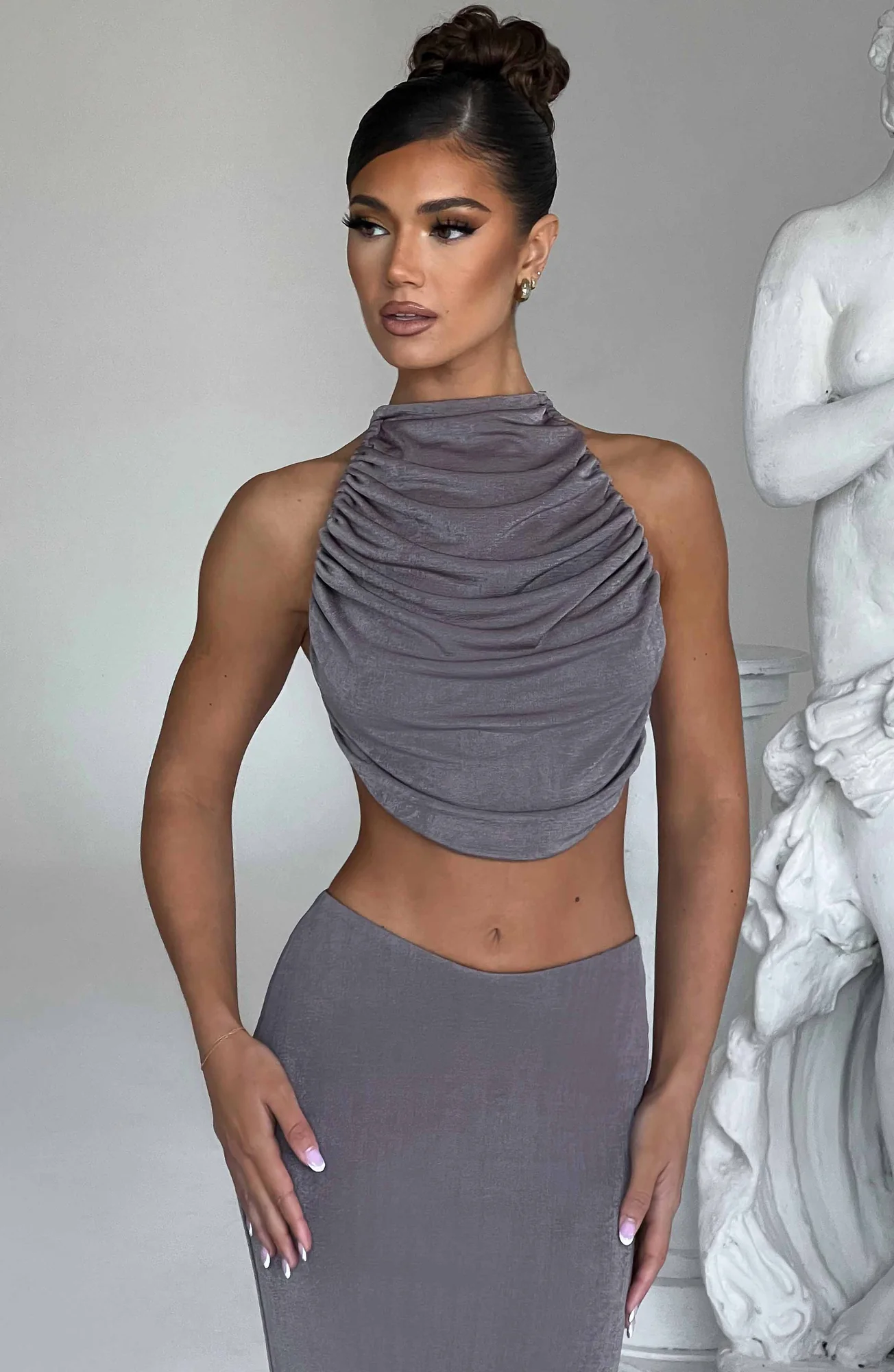 Charcoal Draped High Neck Backless Top | Premium Jersey Fabric