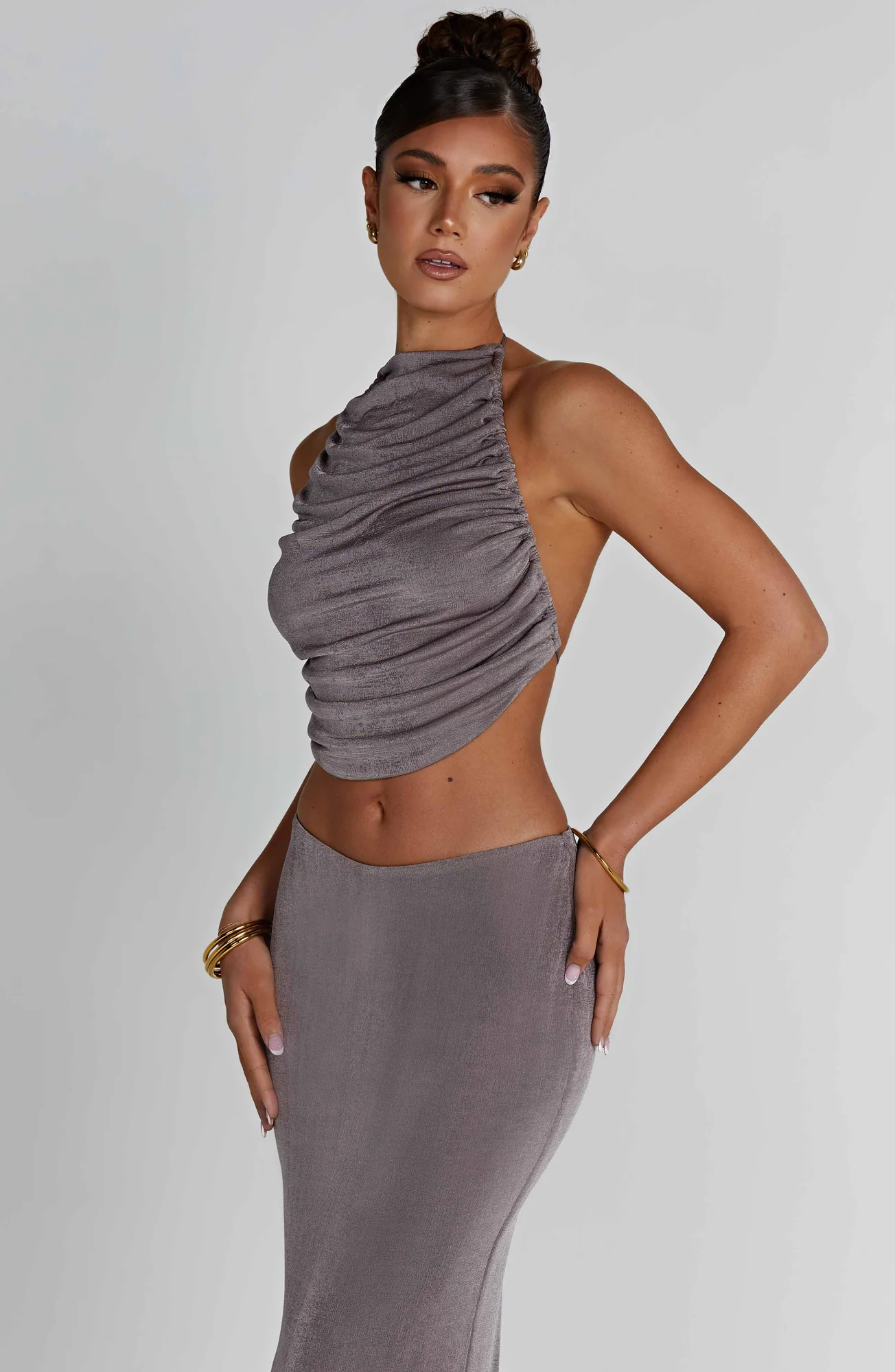 Charcoal Draped High Neck Backless Top | Premium Jersey Fabric
