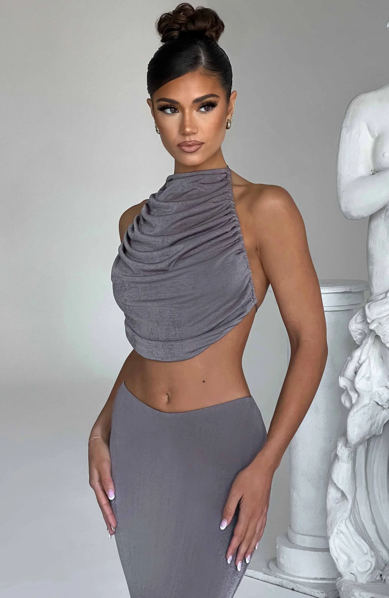 Charcoal Draped High Neck Backless Top | Premium Jersey Fabric