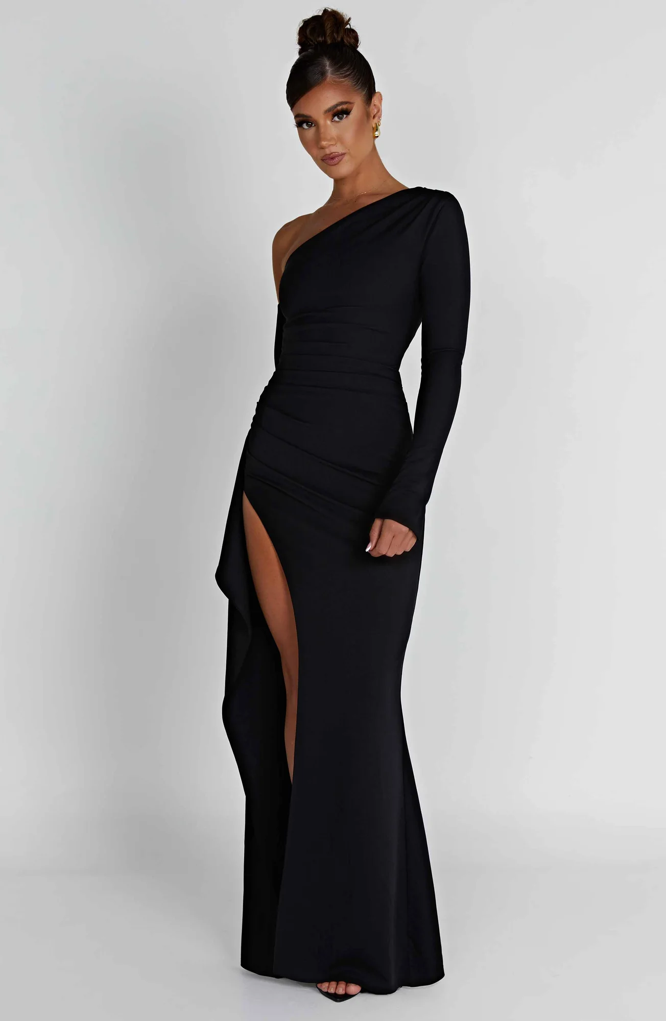 Black Stretch Crepe Maxi Dress with Asymmetric Neckline