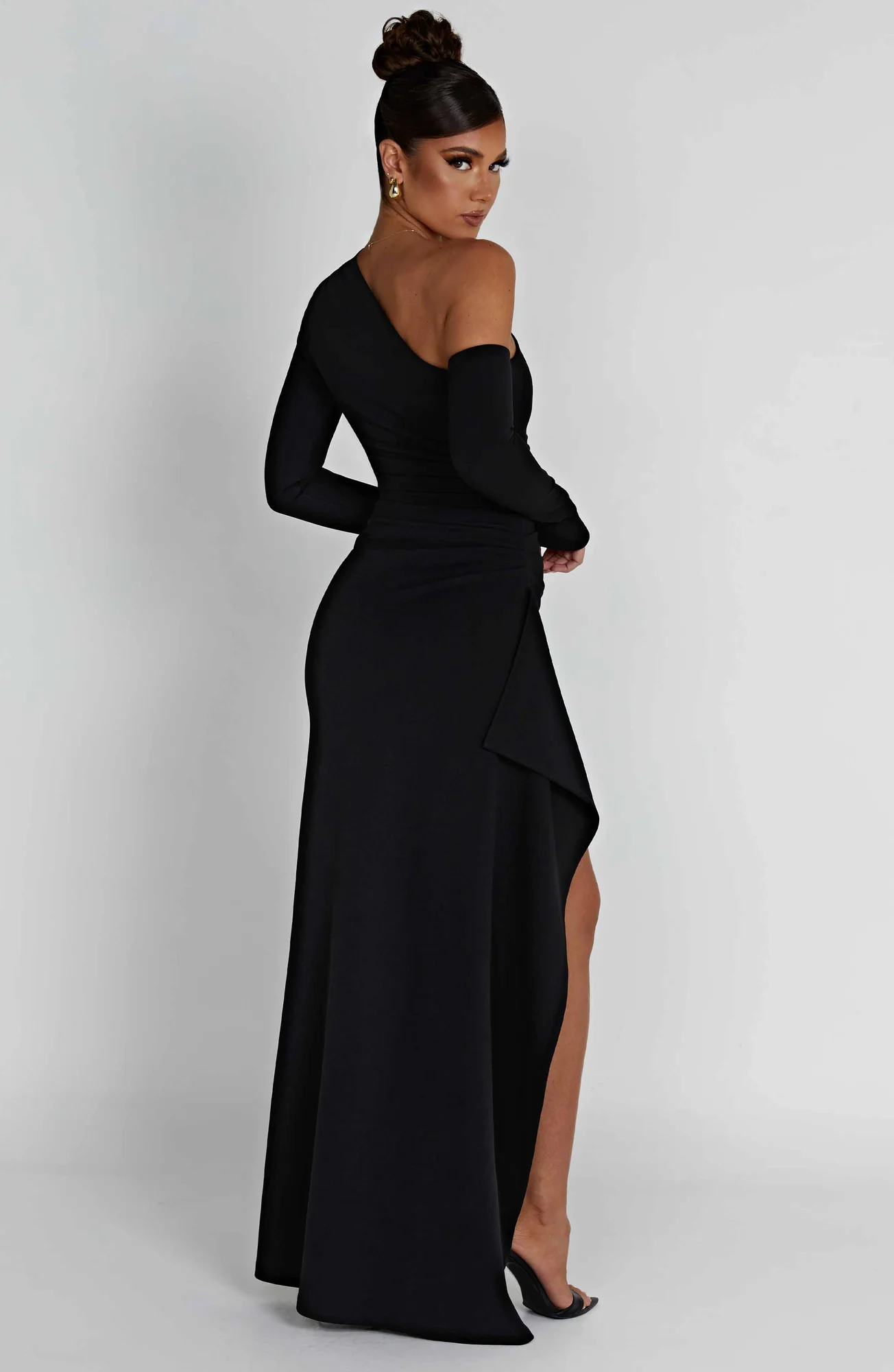 Black Stretch Crepe Maxi Dress with Asymmetric Neckline