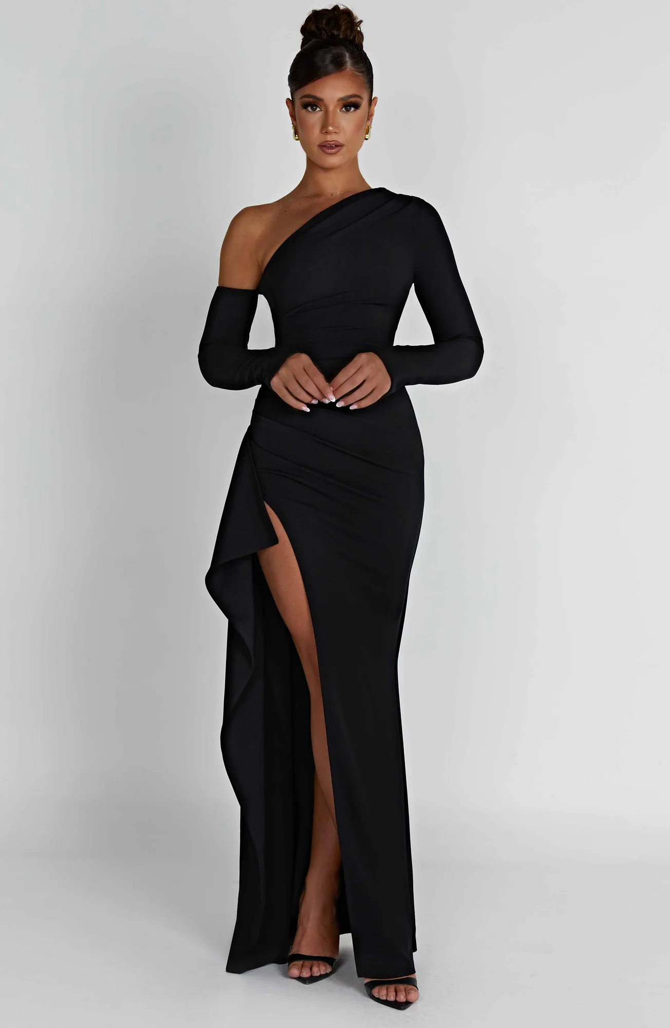 Black Stretch Crepe Maxi Dress with Asymmetric Neckline