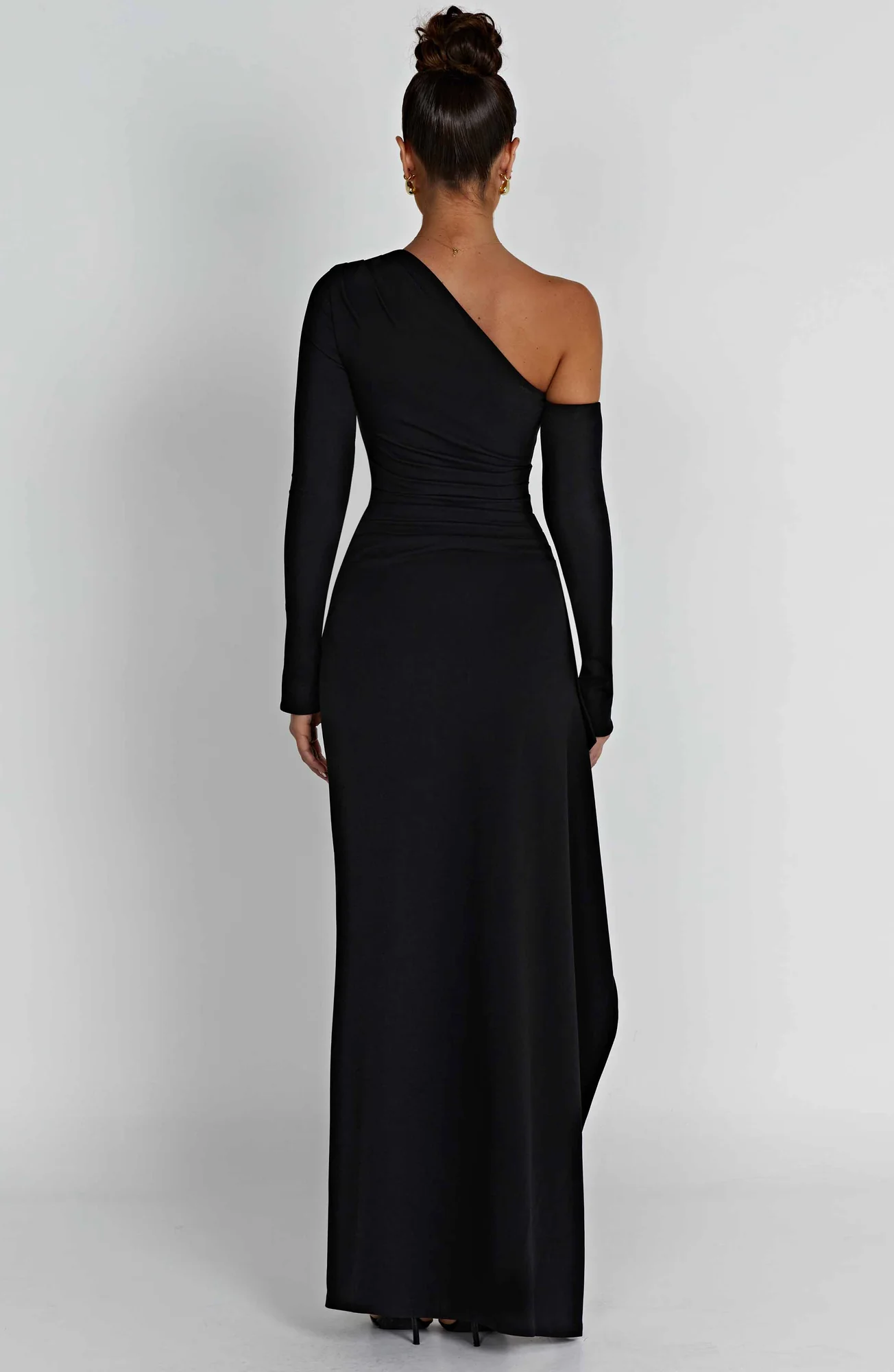 Black Stretch Crepe Maxi Dress with Asymmetric Neckline