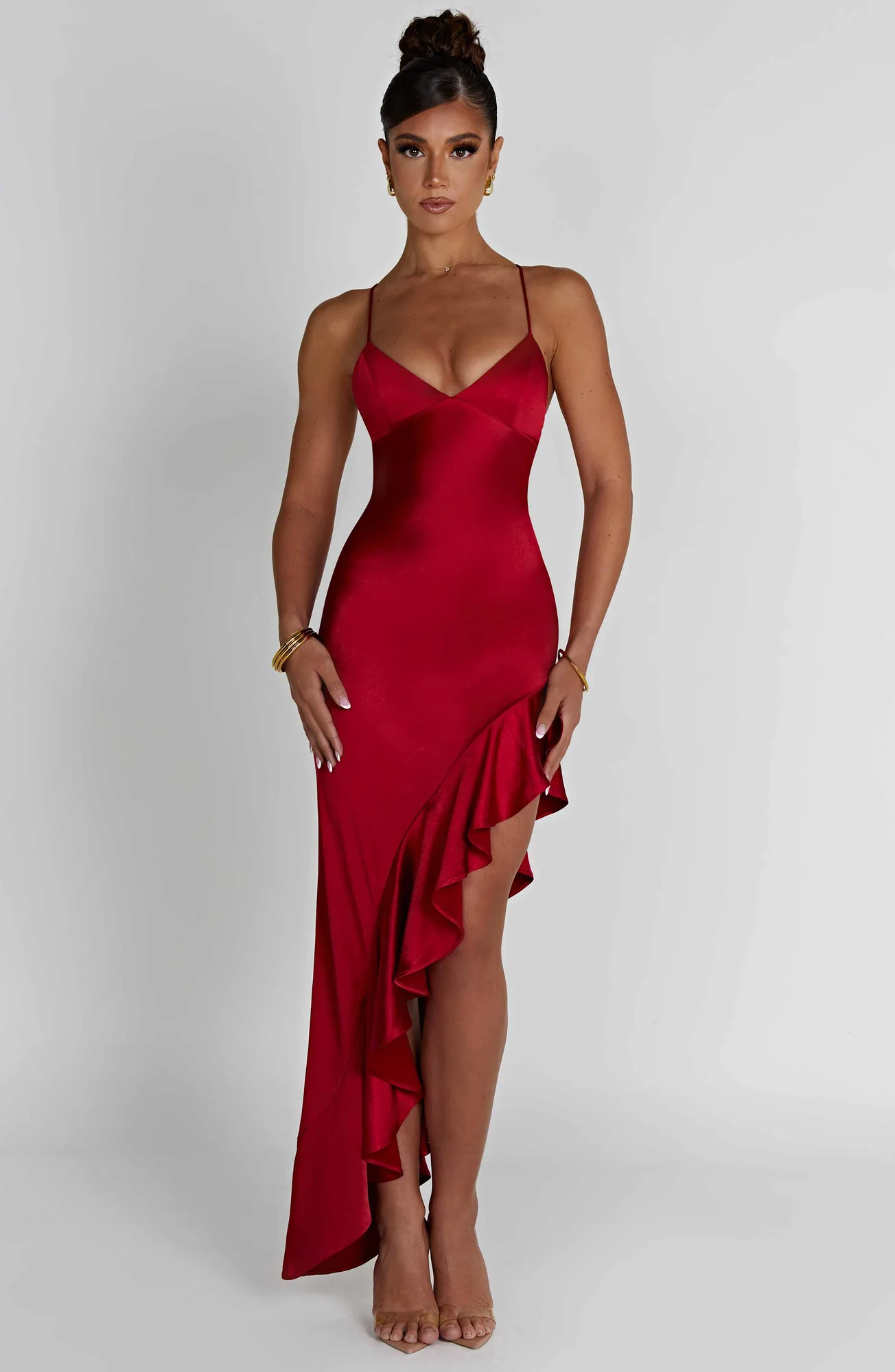 Red Asymmetric Frill Satin Maxi Dress