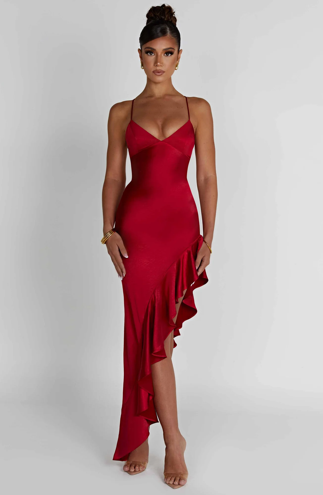 Red Asymmetric Frill Satin Maxi Dress
