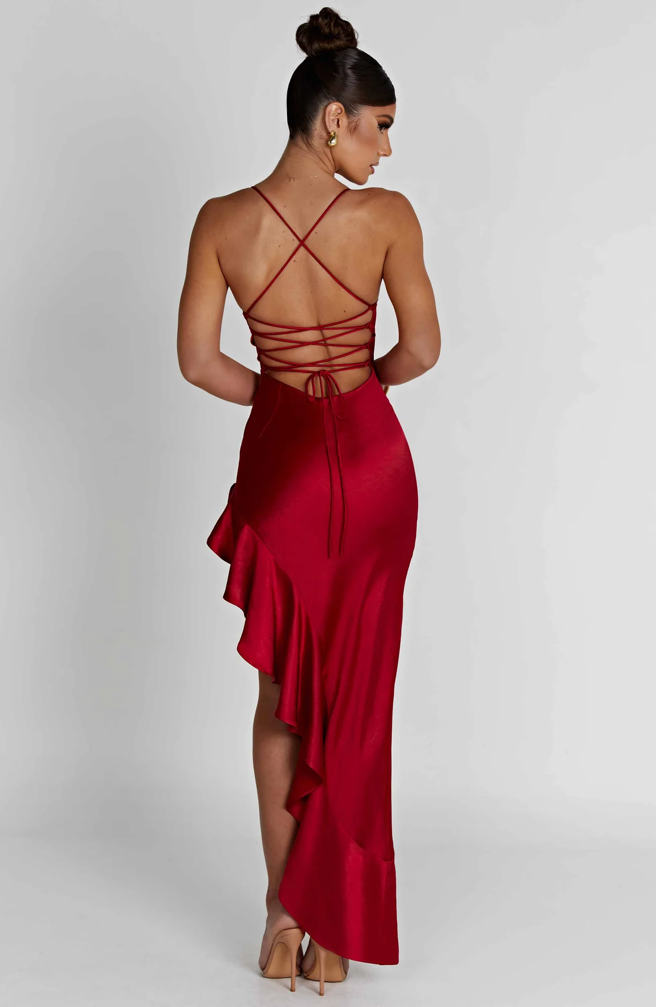 Red Asymmetric Frill Satin Maxi Dress