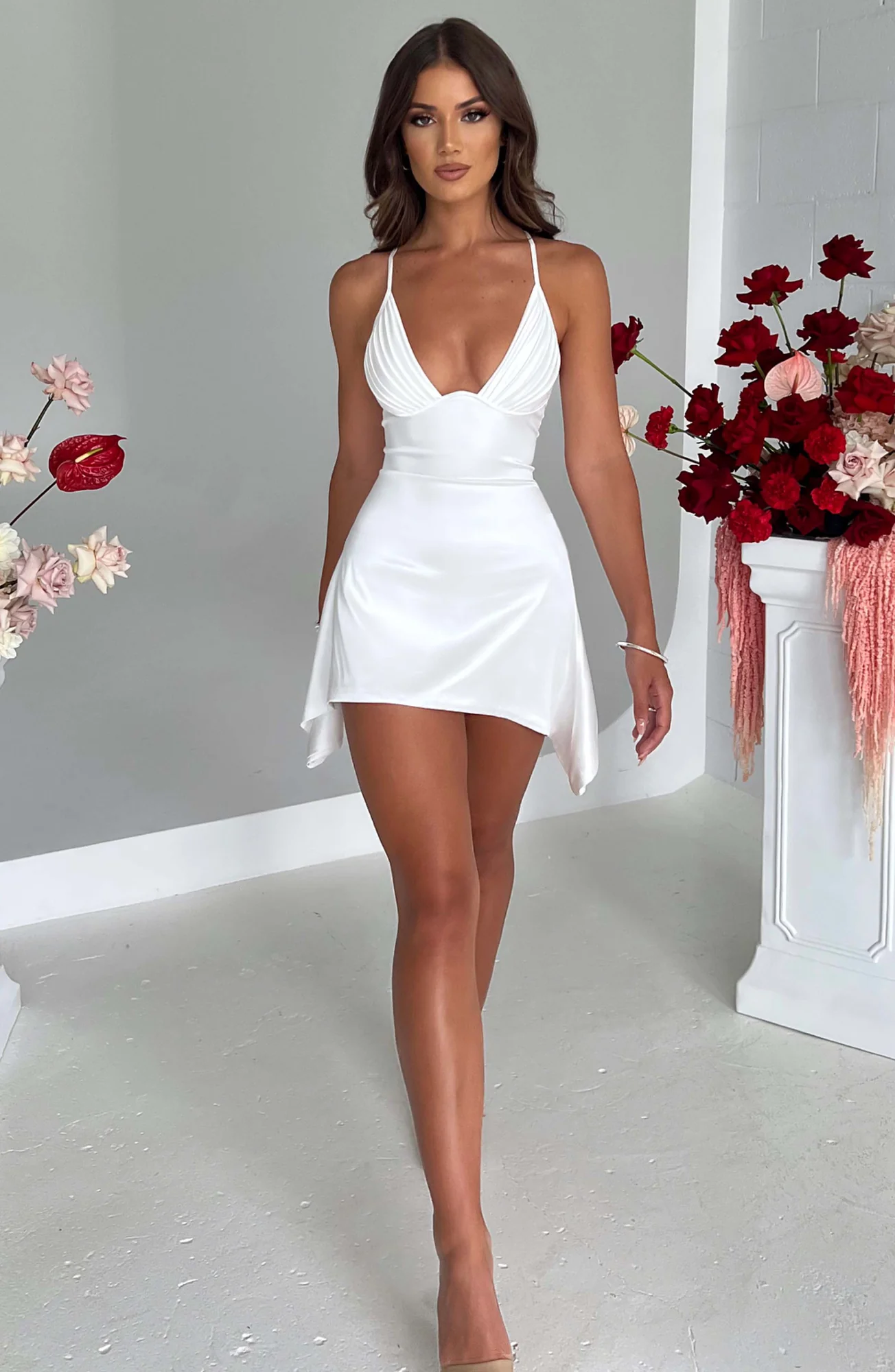 Ivory Stretch Satin Ruffle Mini Dress | Adjustable Straps