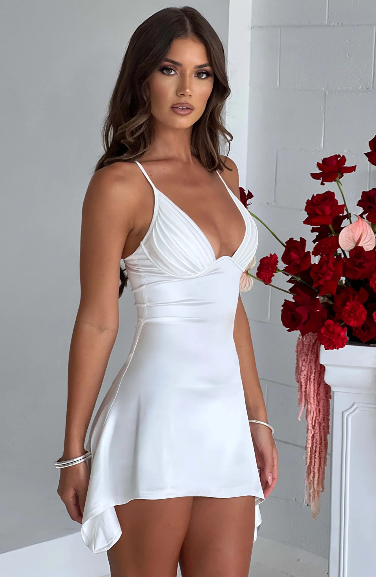 Ivory Stretch Satin Ruffle Mini Dress | Adjustable Straps