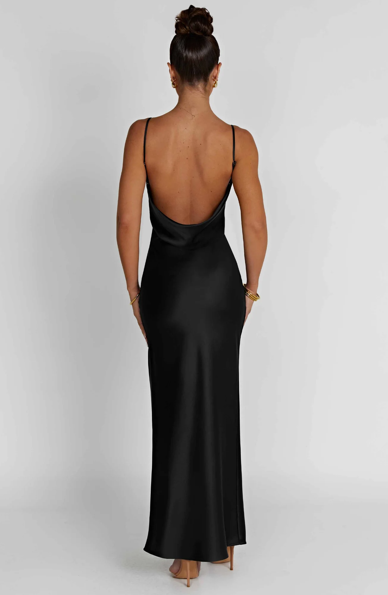 Black Satin Cowl Neck Maxi Dress for Evening and Formal Occasions