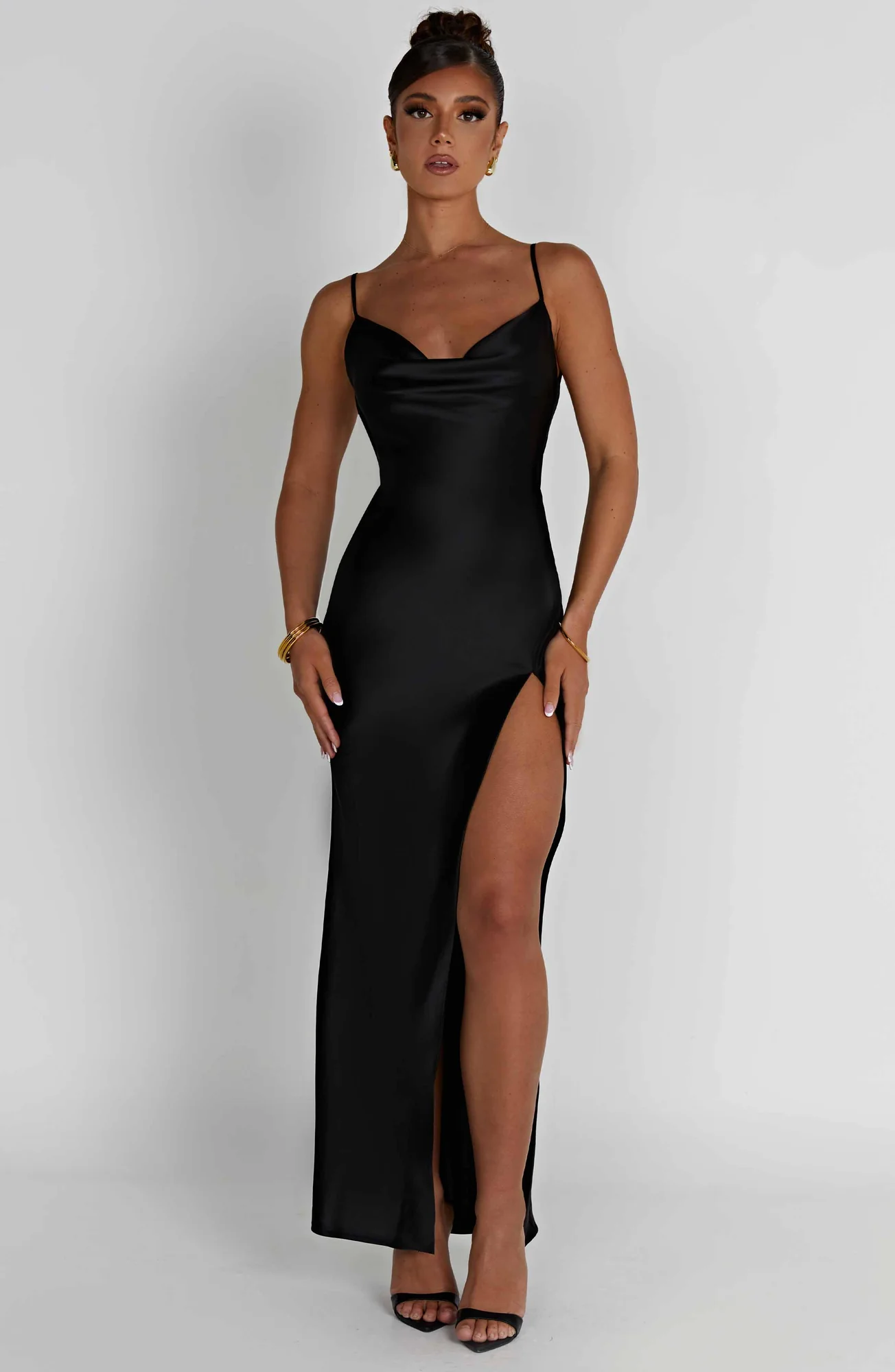 Black Satin Cowl Neck Maxi Dress for Evening and Formal Occasions