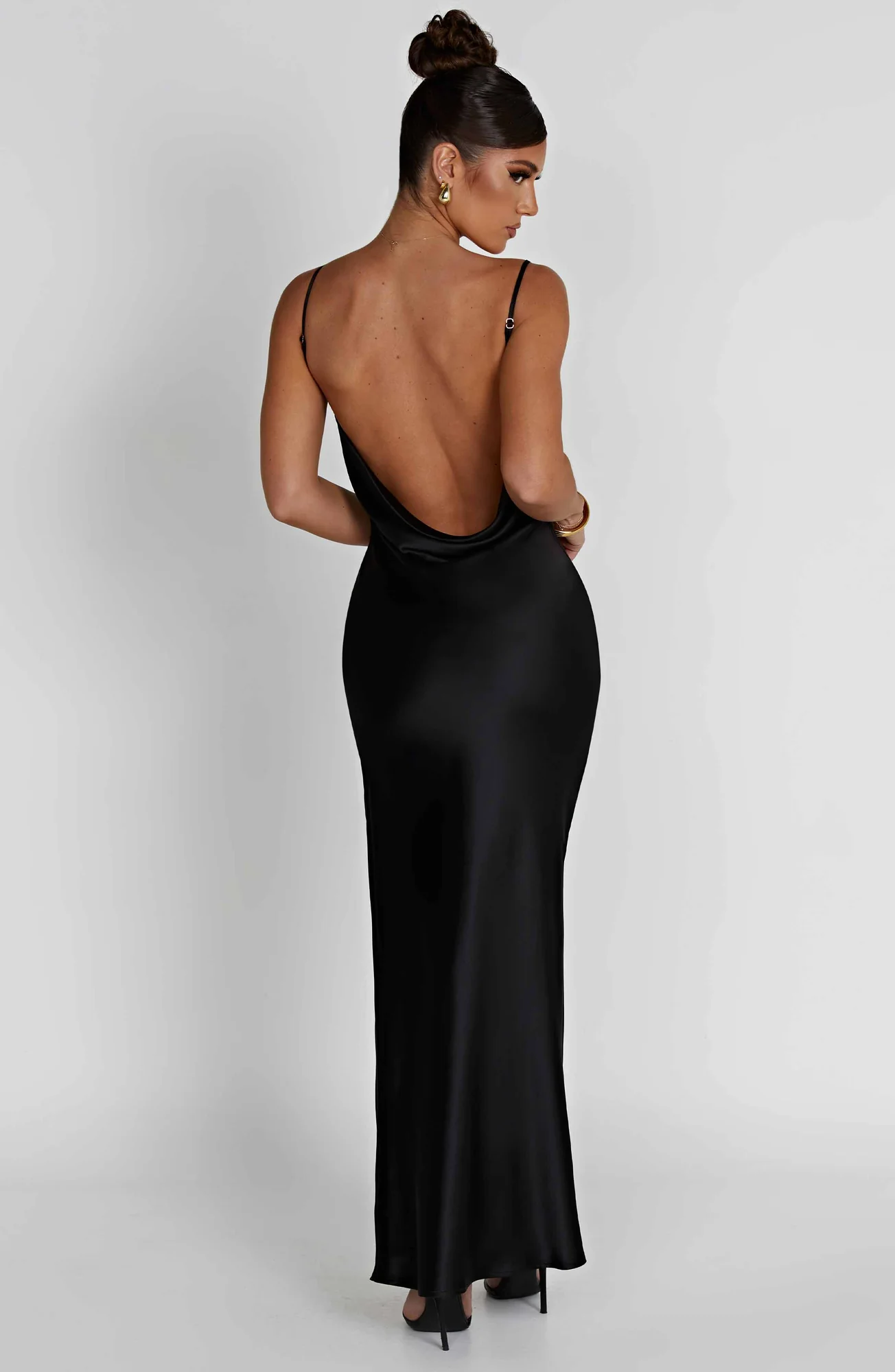 Black Satin Cowl Neck Maxi Dress for Evening and Formal Occasions