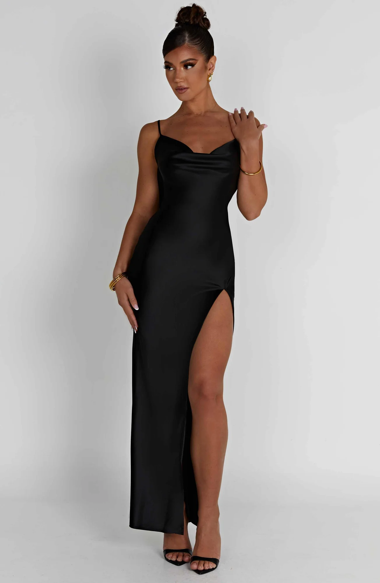 Black Satin Cowl Neck Maxi Dress for Evening and Formal Occasions