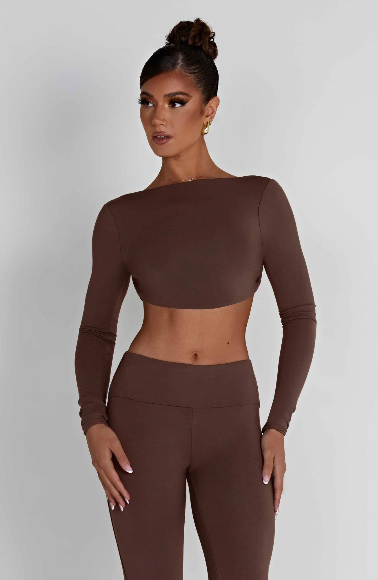 Chocolate Modal Sahra Crop Top - Long Sleeve High Neck Design