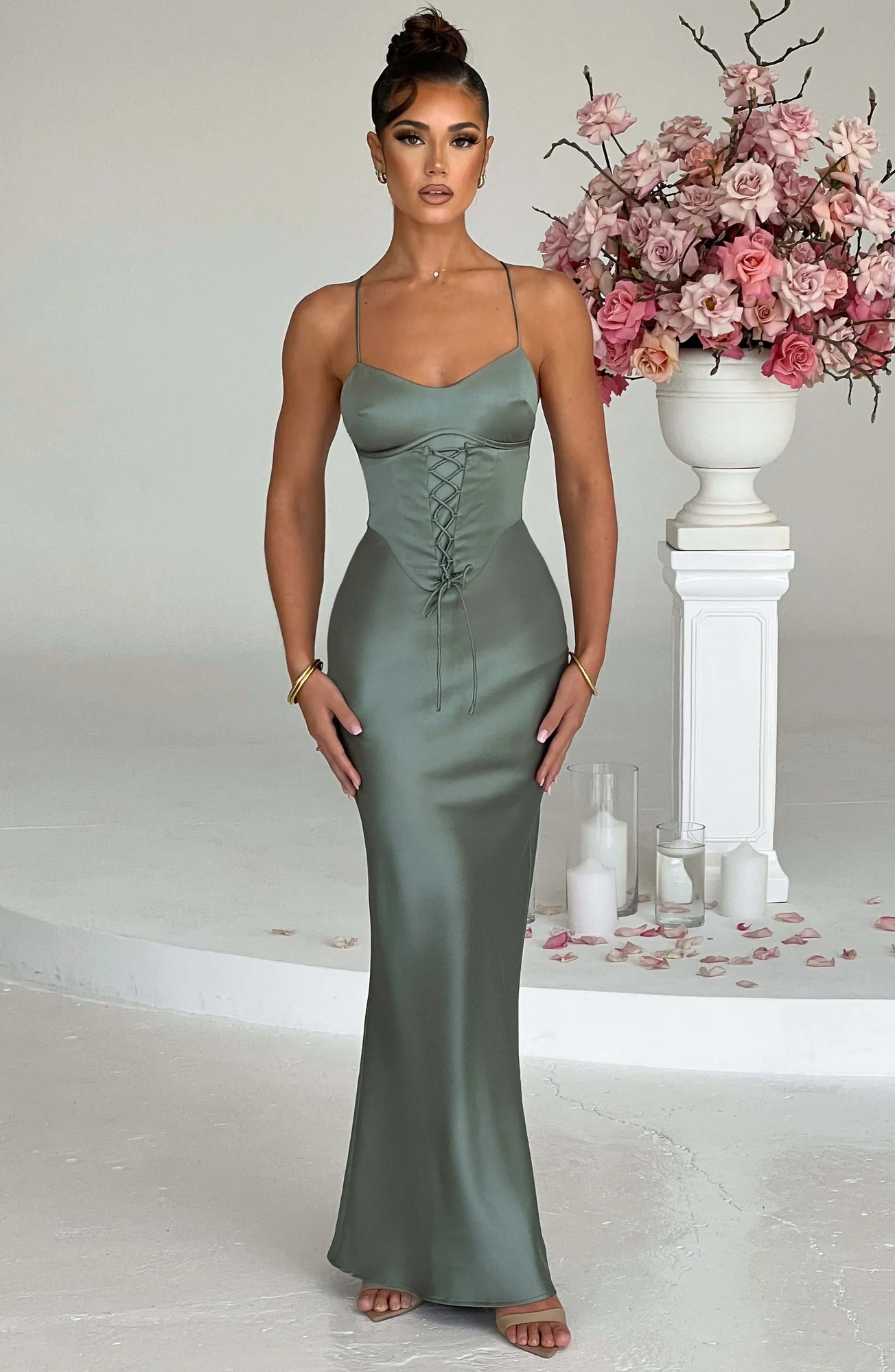 Sage Maxi Dress with Corset Bodice - Premium Satin Fabric