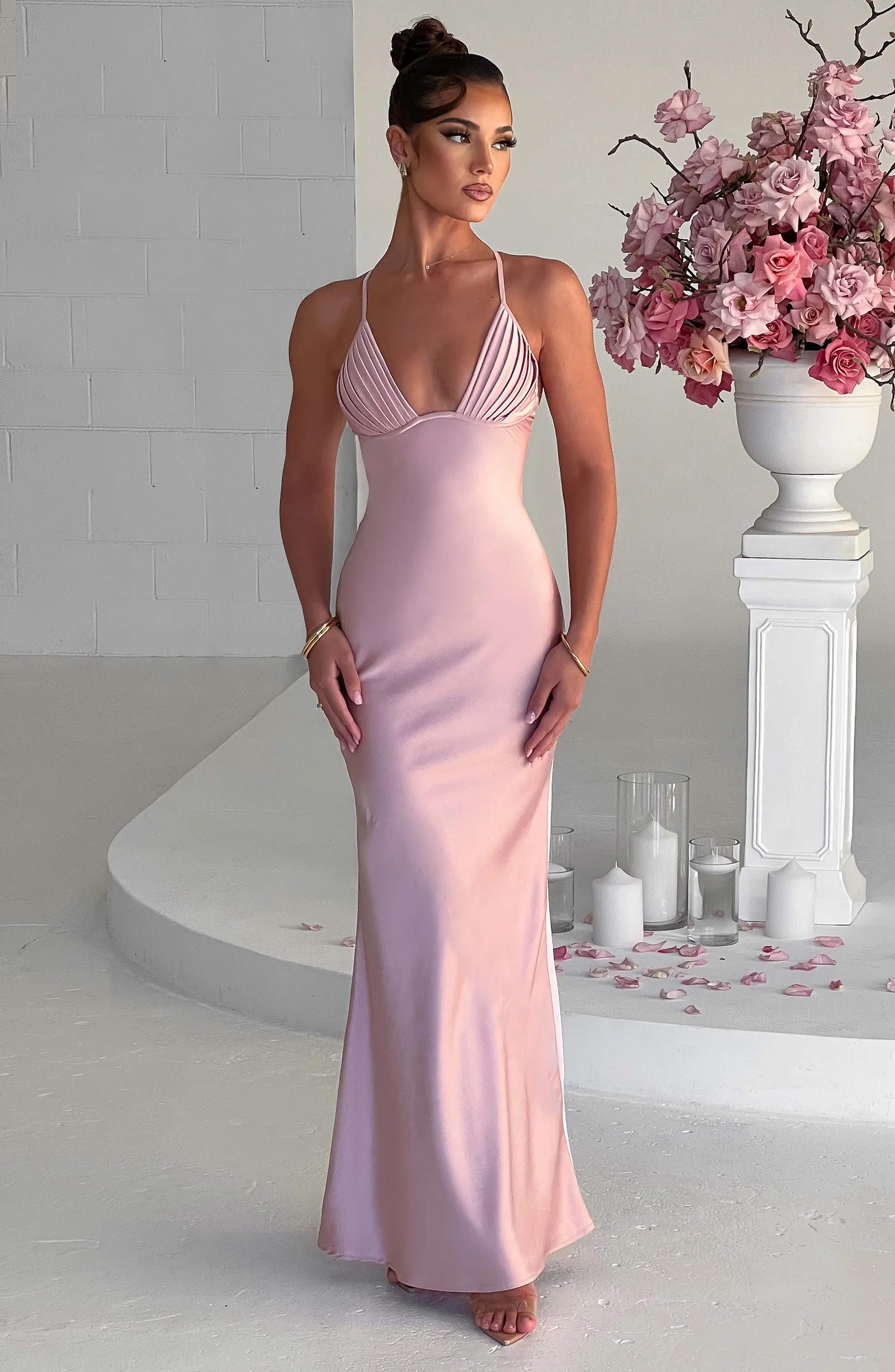 Blush Maxi Dress - Premium Bias Cut Satin, Plunge Neckline