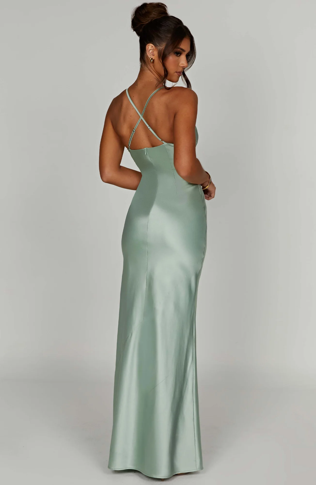 Sage Satin Plunge Neckline Maxi Dress for Special Occasions