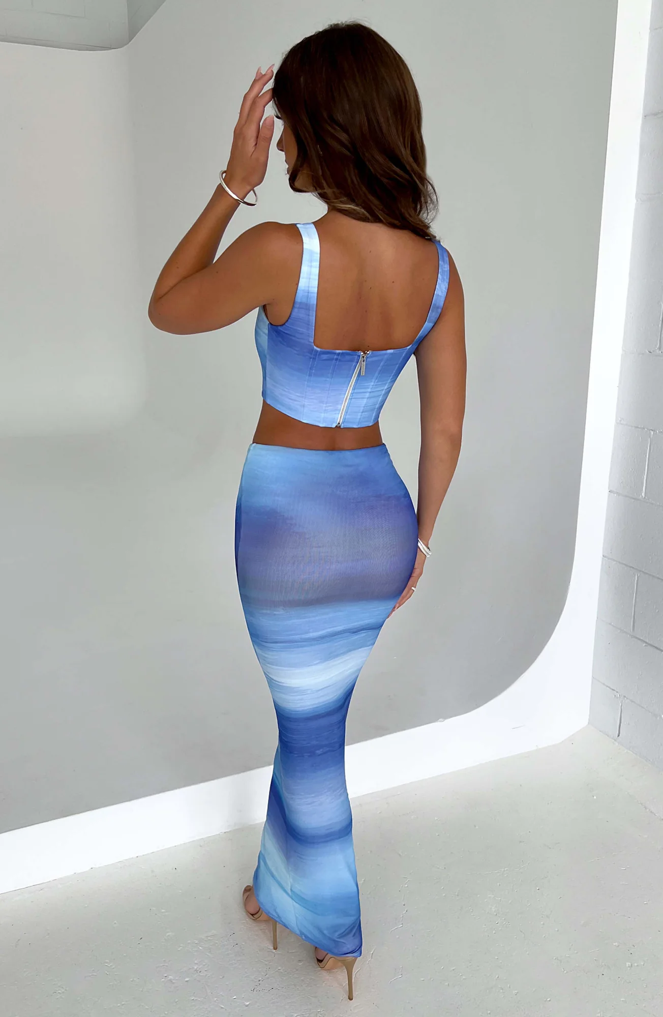 Blue Printed Mesh Maxi Skirt for Women