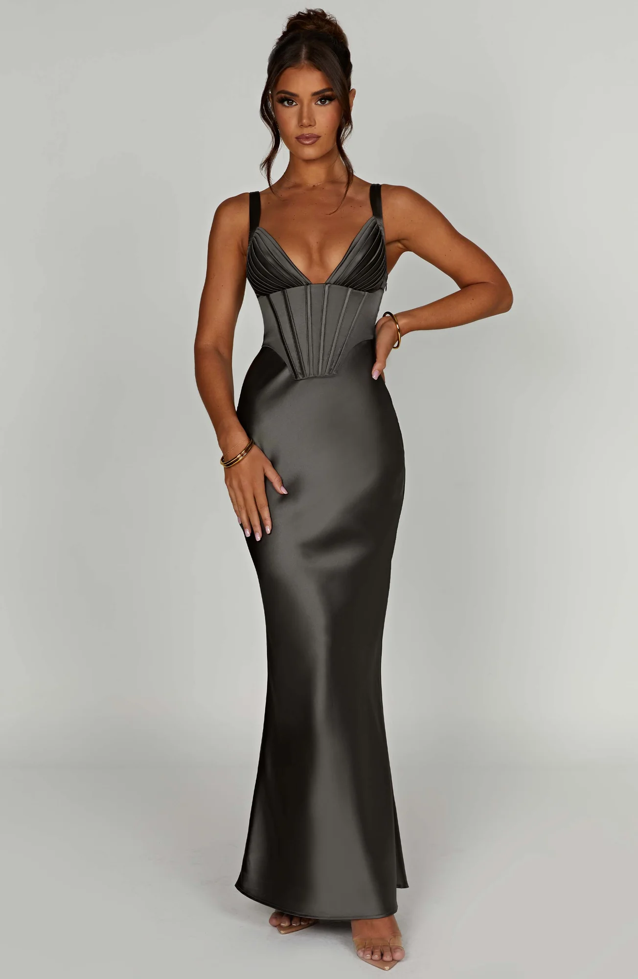 Charcoal Satin Corset Maxi Dress - Elegant Formal Evening Wear