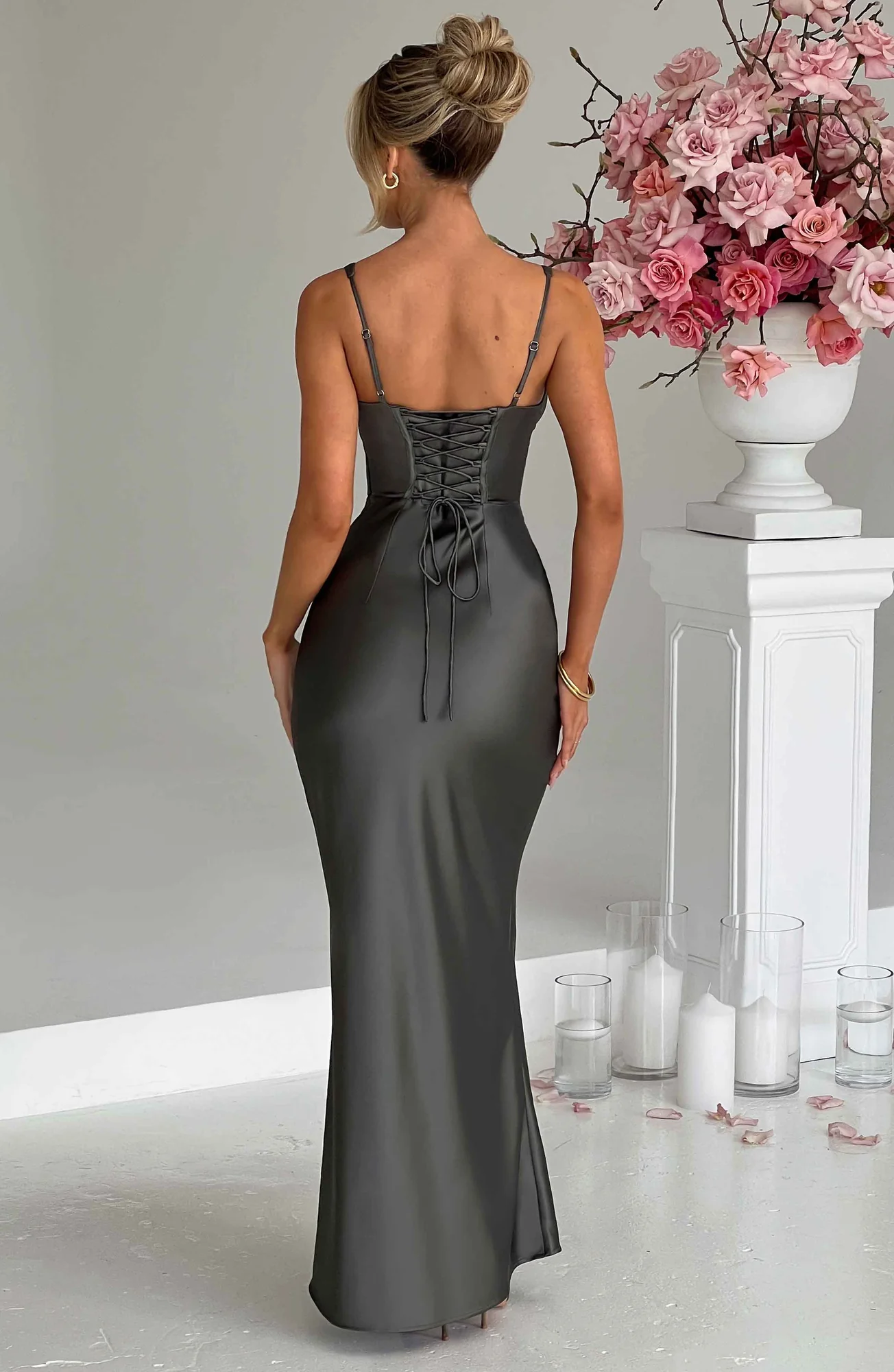 Charcoal Satin Corset Maxi Dress - Elegant Formal Evening Wear