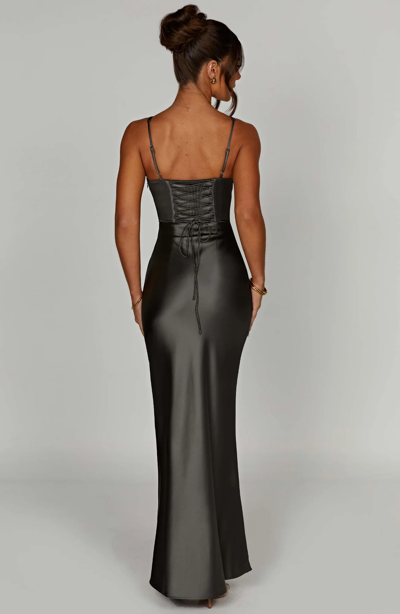 Charcoal Satin Corset Maxi Dress - Elegant Formal Evening Wear