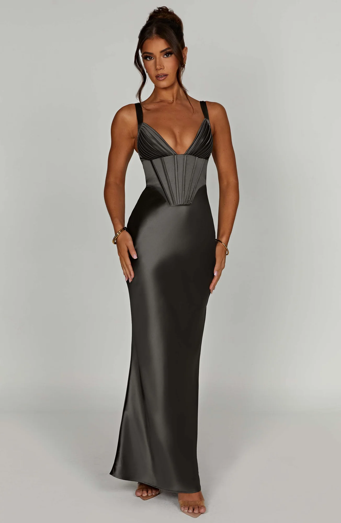Charcoal Satin Corset Maxi Dress - Elegant Formal Evening Wear