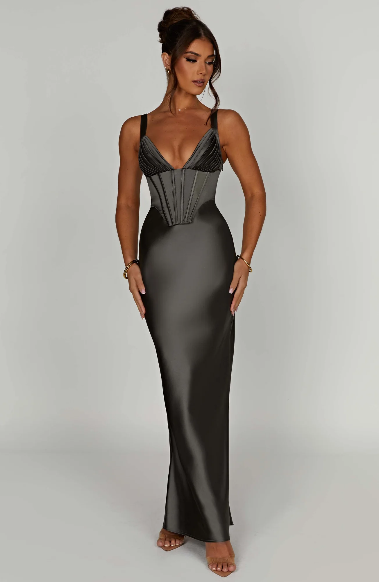 Charcoal Satin Corset Maxi Dress - Elegant Formal Evening Wear