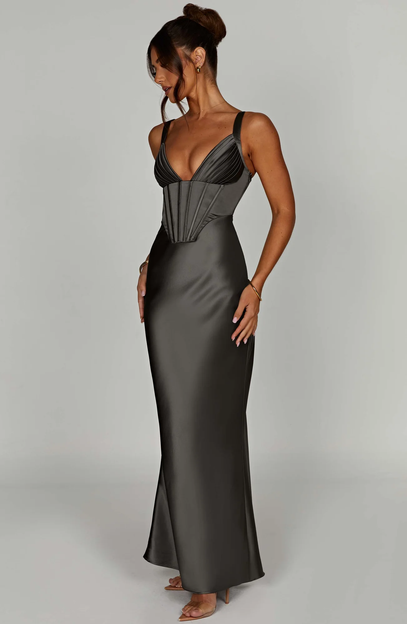 Charcoal Satin Corset Maxi Dress - Elegant Formal Evening Wear