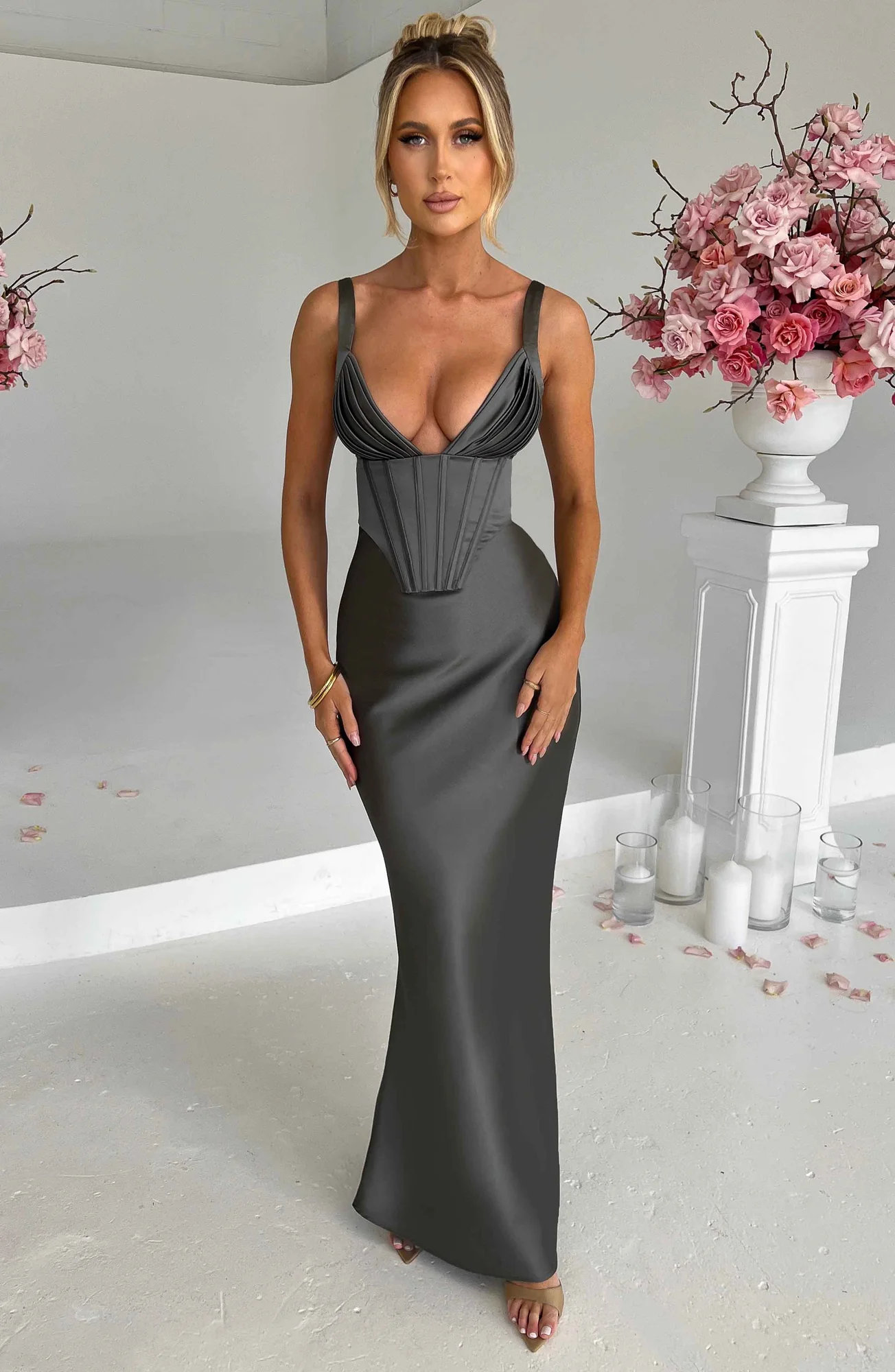 Charcoal Satin Corset Maxi Dress - Elegant Formal Evening Wear