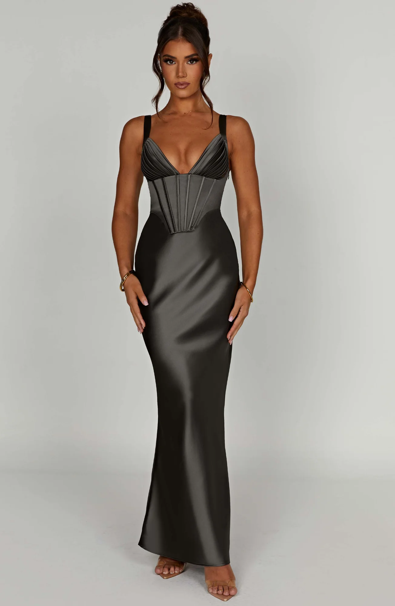 Charcoal Satin Corset Maxi Dress - Elegant Formal Evening Wear