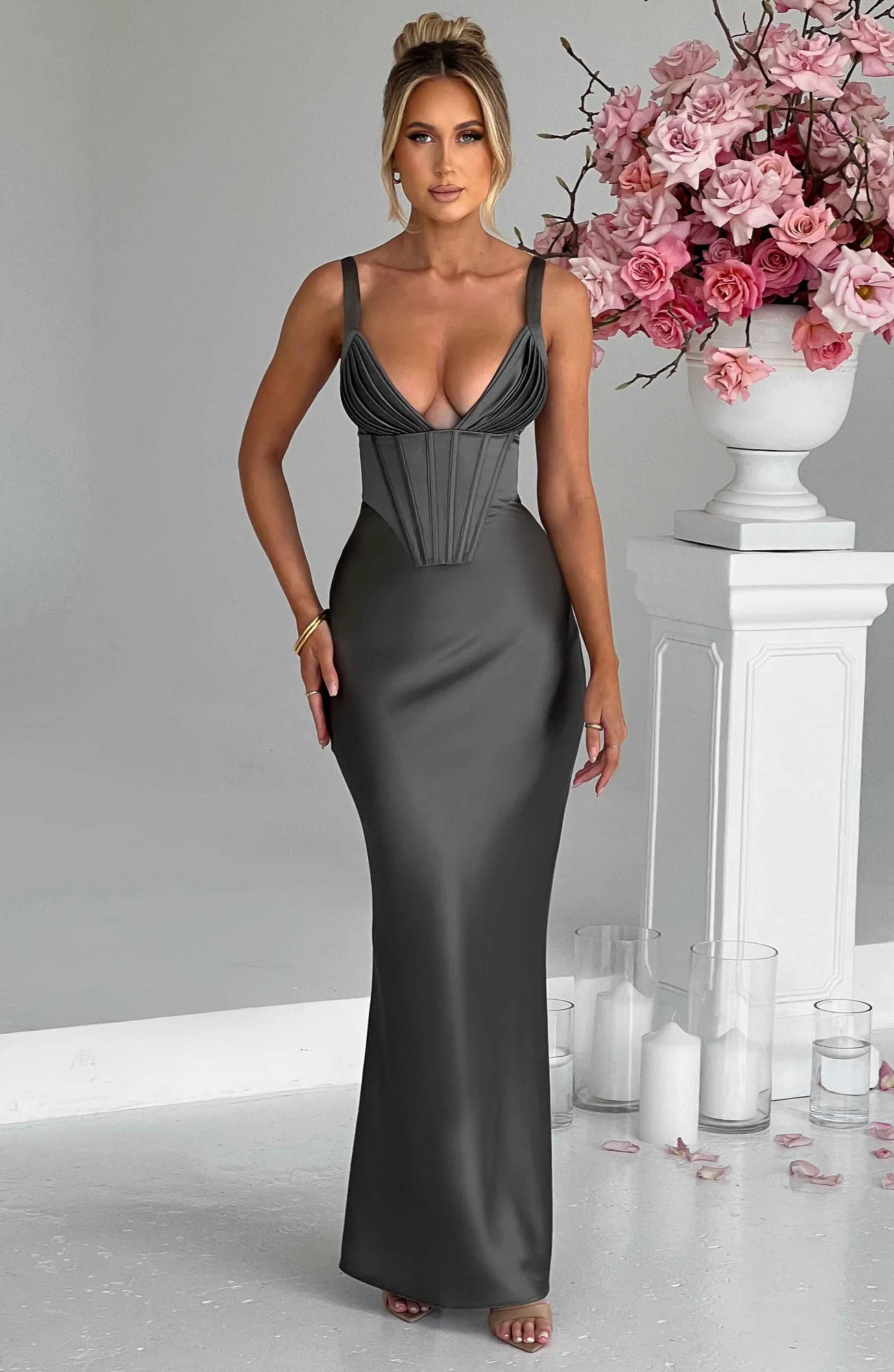 Charcoal Satin Corset Maxi Dress - Elegant Formal Evening Wear