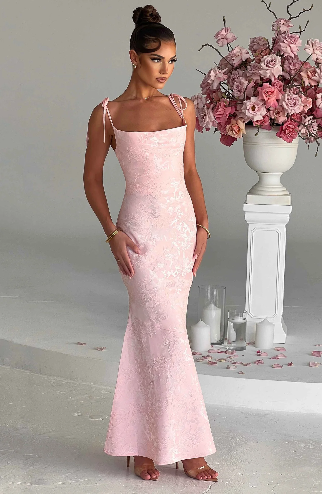 Floral Jacquard Bias Cut Maxi Dress in Blush - Romantic Style
