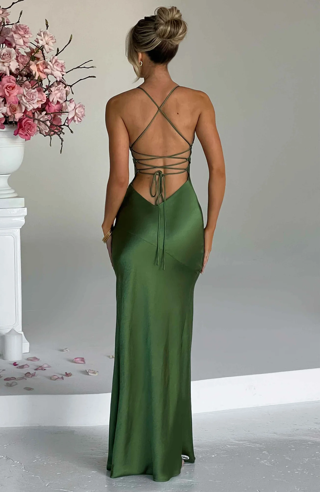 Emerald Silky Satin Maxi Dress with Thigh High Split