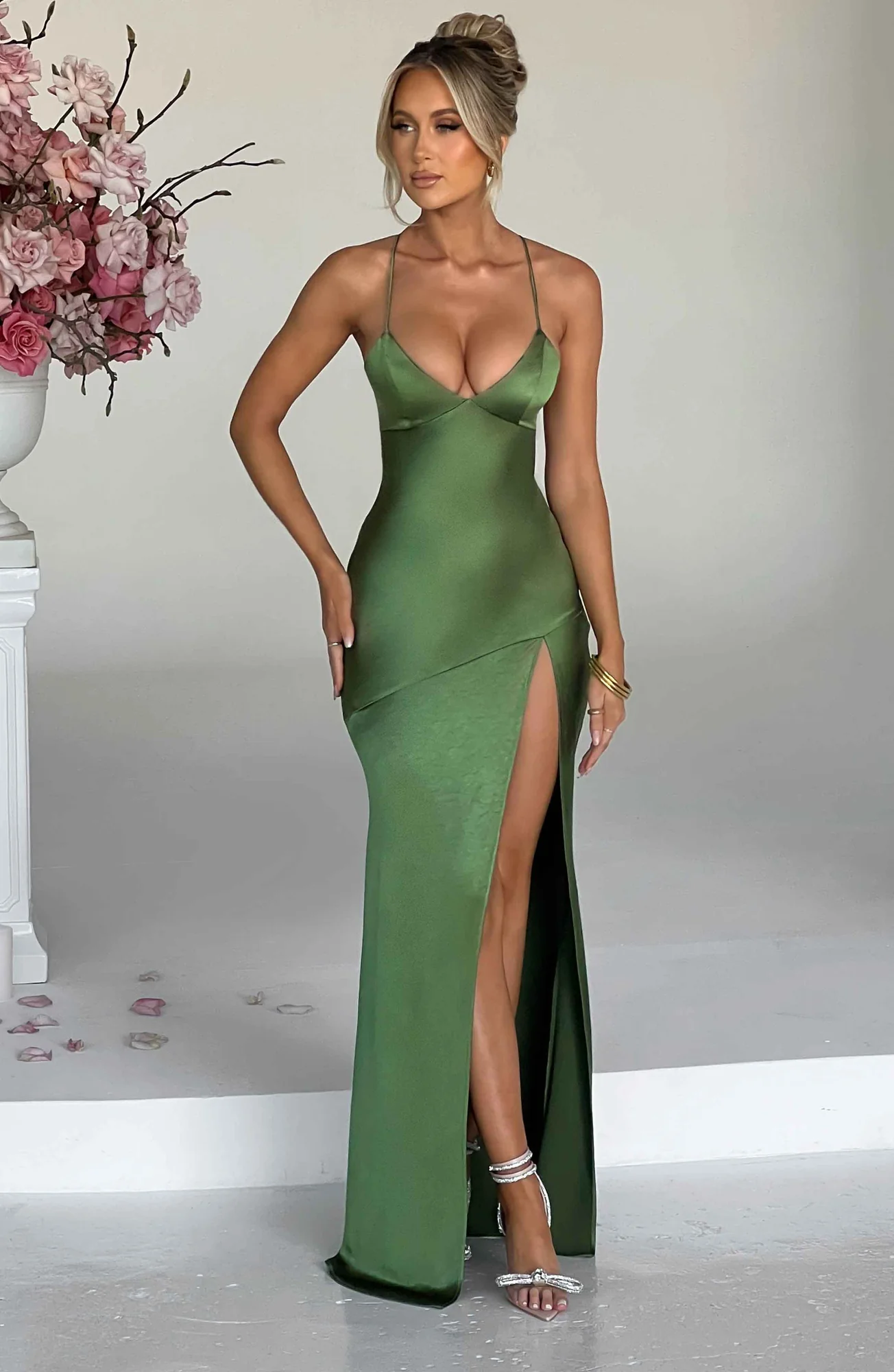 Emerald Silky Satin Maxi Dress with Thigh High Split