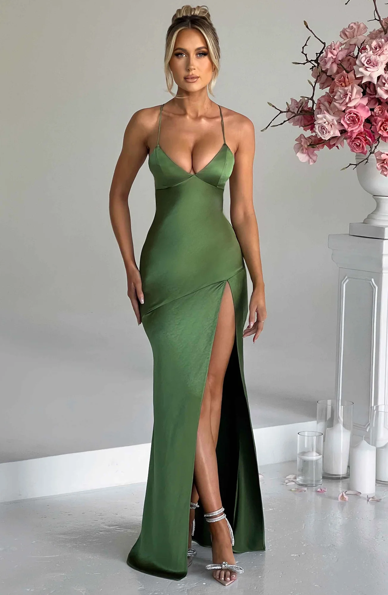 Emerald Silky Satin Maxi Dress with Thigh High Split