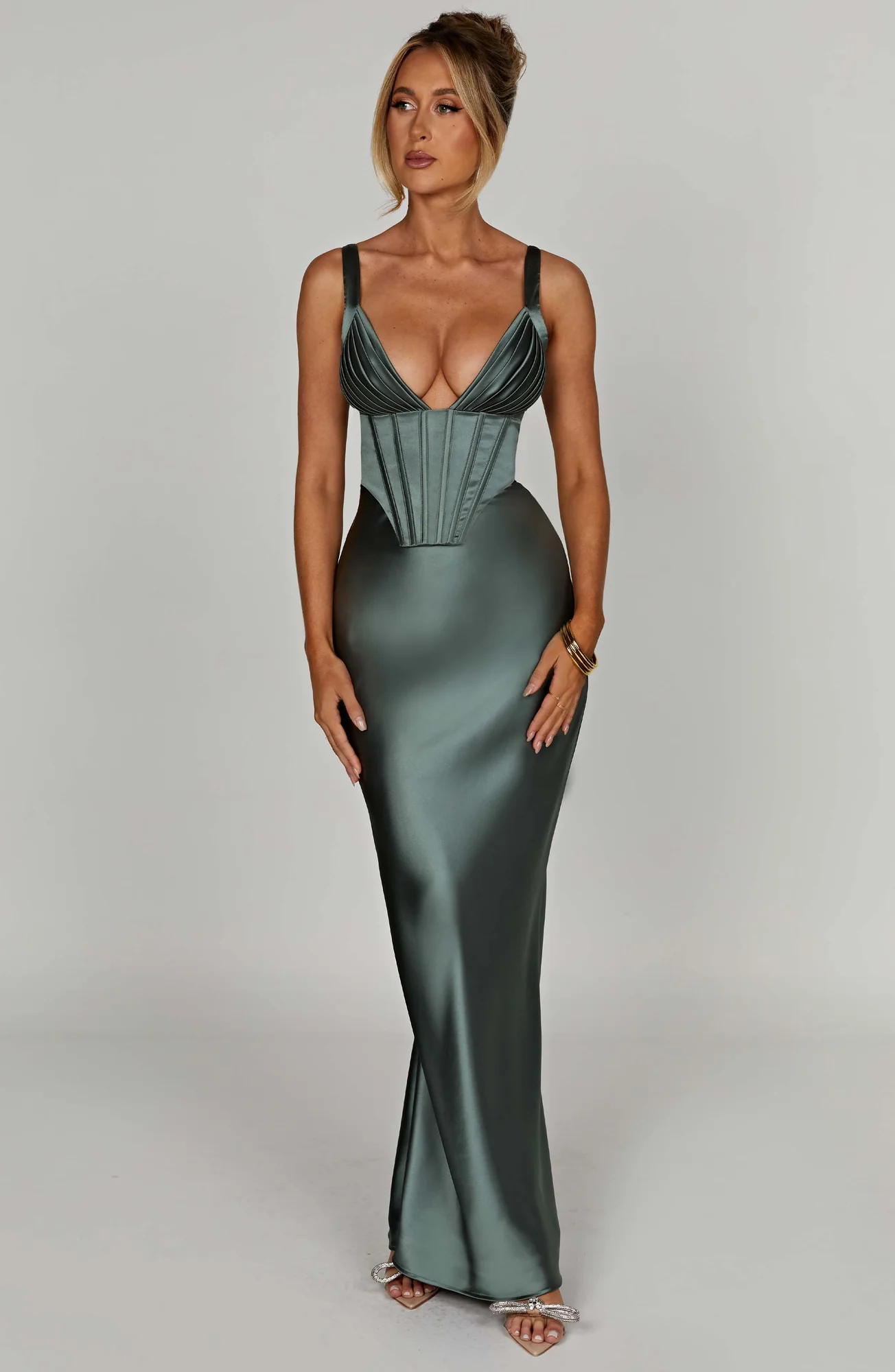 Sage Corseted Maxi Dress in Premium Satin - Elegant Silhouette