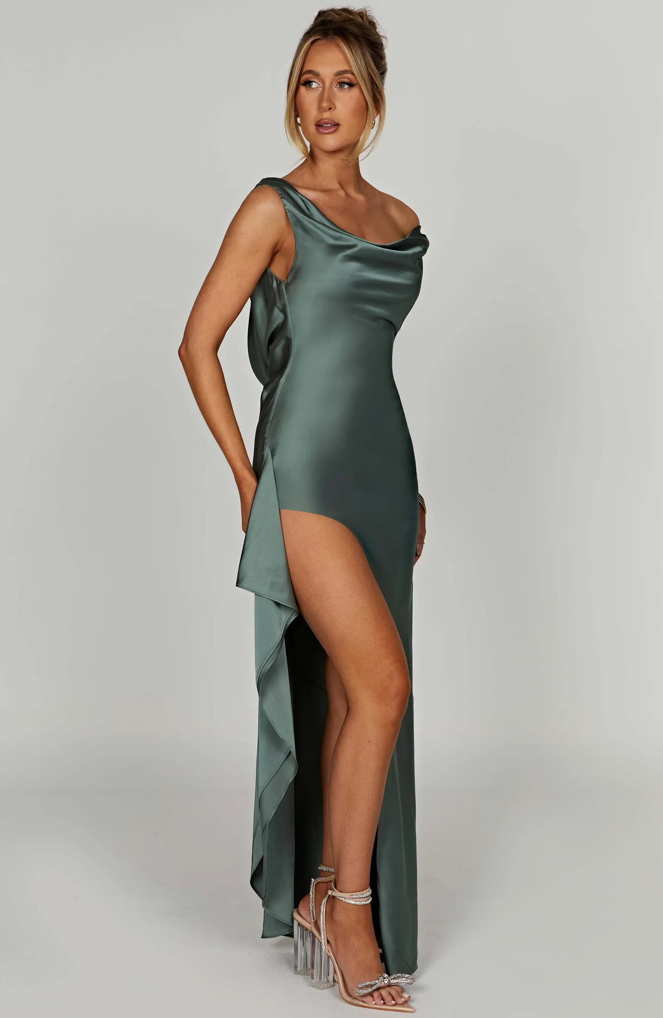Sage Bias Cut Satin Maxi Dress with Thigh-High Split