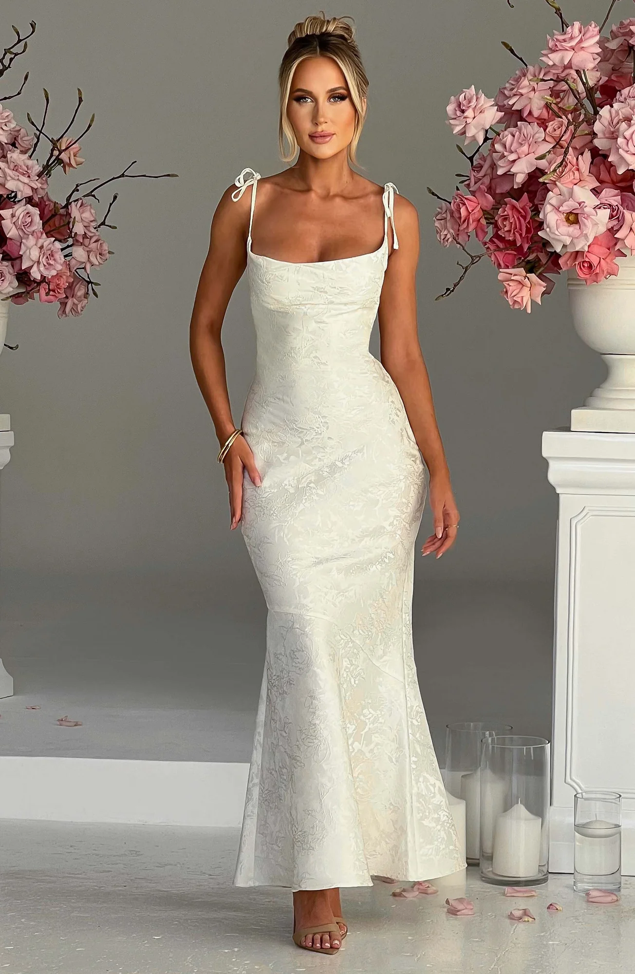 Floral Jacquard Ivory Maxi Dress with Tie Straps and Cowl Neck