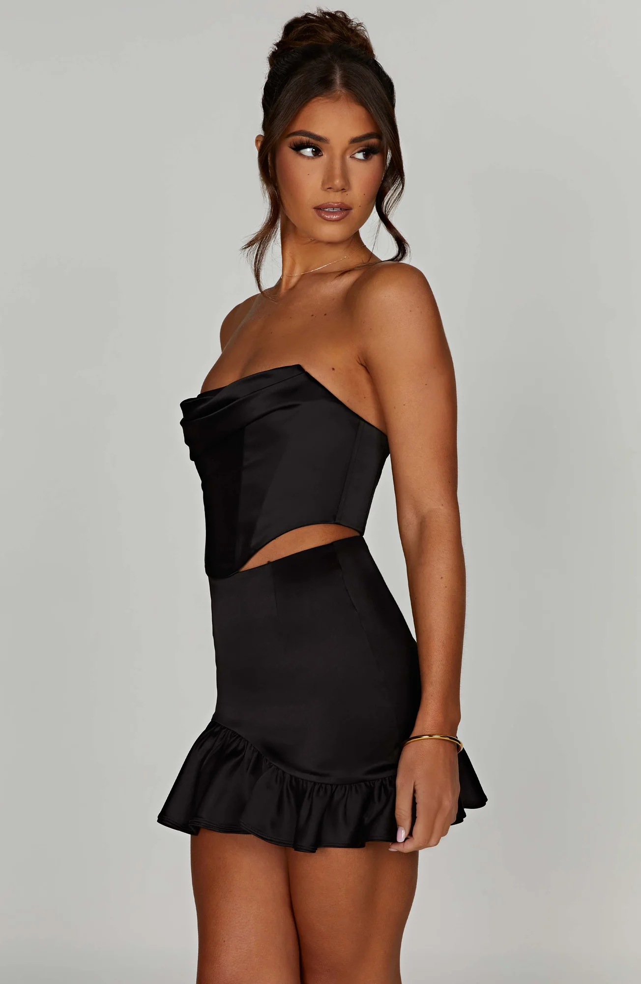 Luxury Black Stretch Satin Mini Skirt - High Waist & Asymmetric Frill Hem