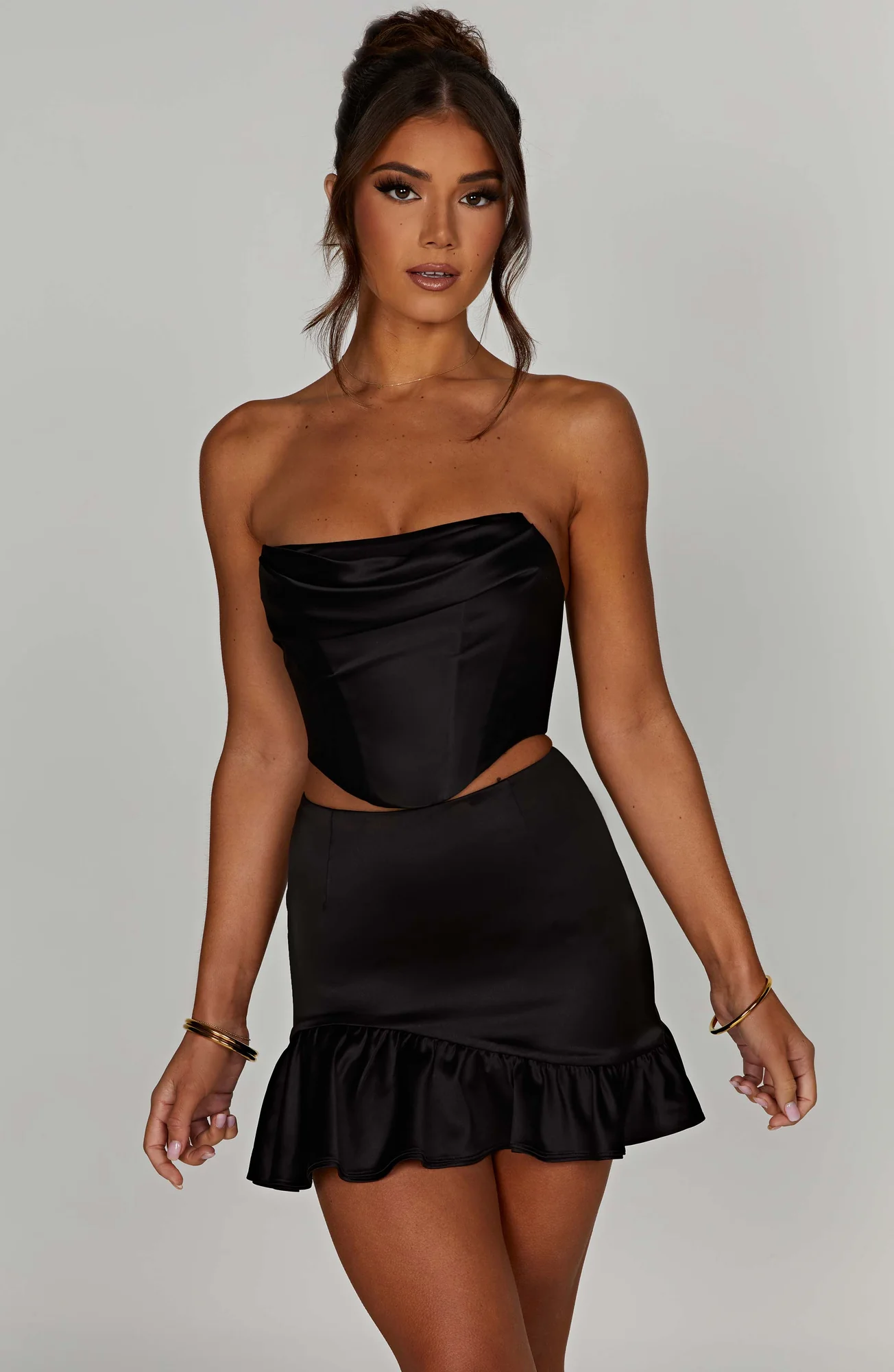 Luxury Black Stretch Satin Mini Skirt - High Waist & Asymmetric Frill Hem