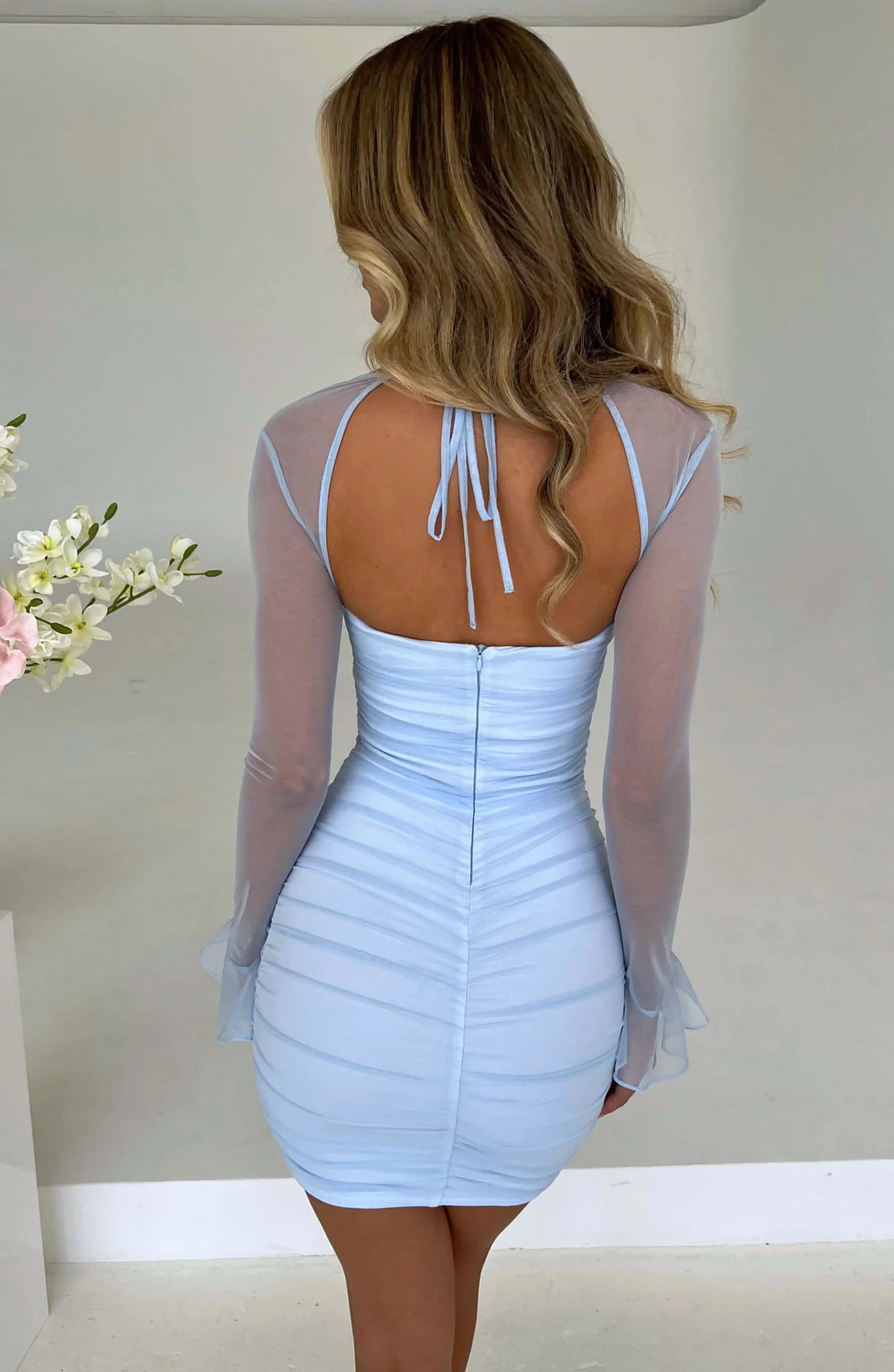 Baby Blue Mesh Ruched Mini Dress