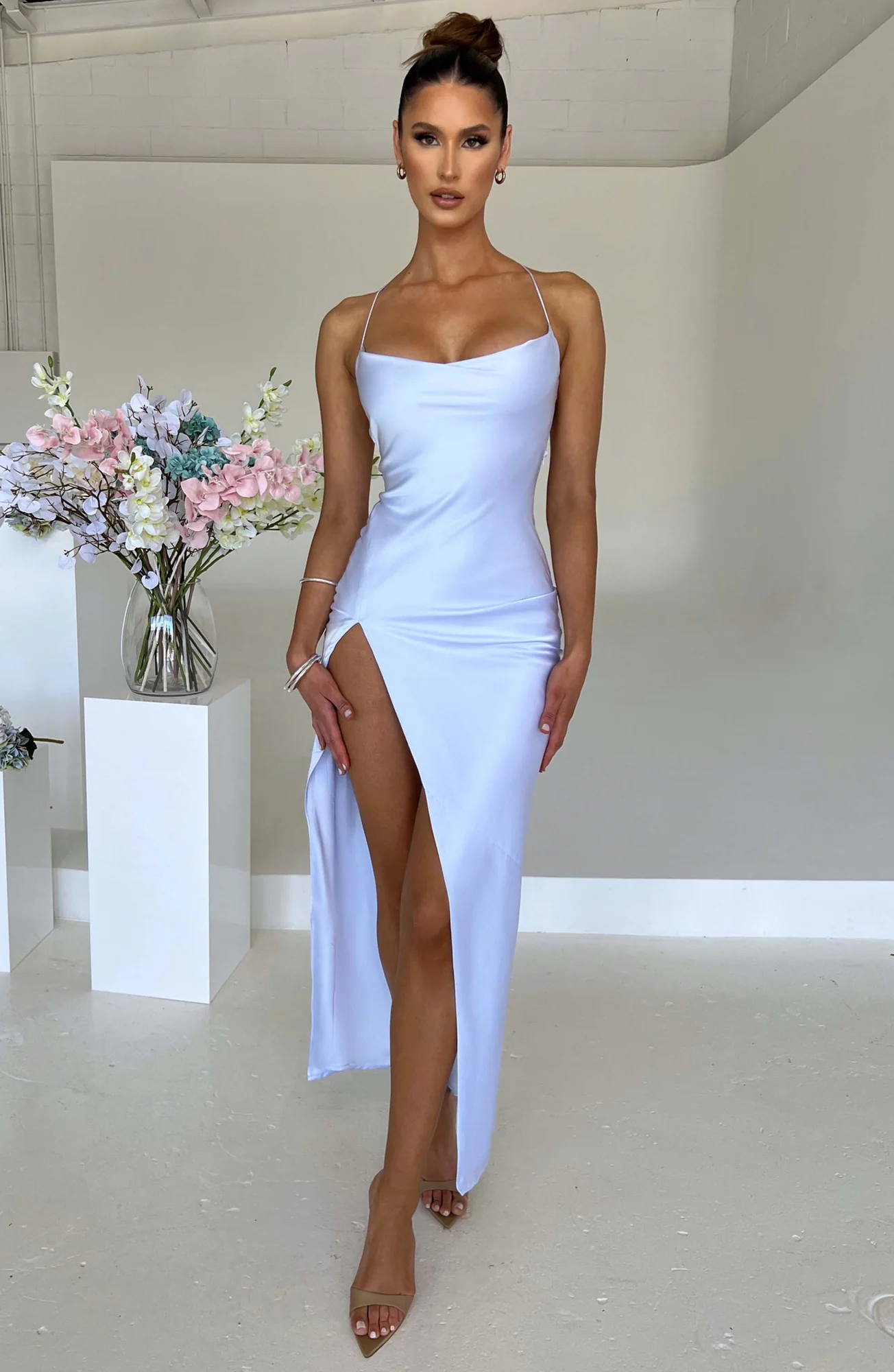 Blue Satin Maxi Dress with Low Back and Thigh Split