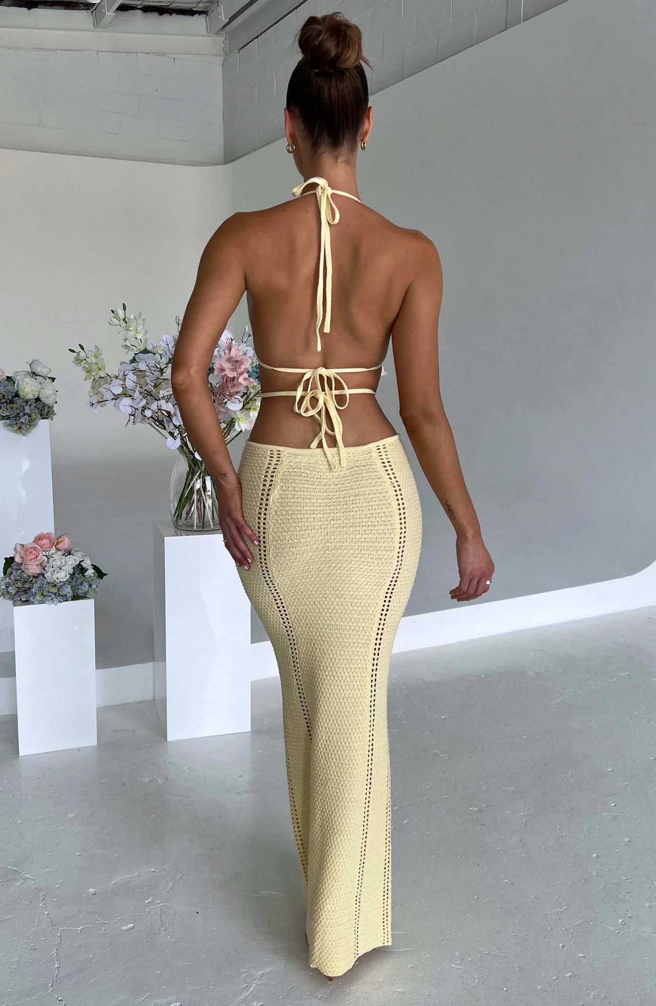 Lemon Crochet Knit Maxi Dress - Backless Plunge Neckline