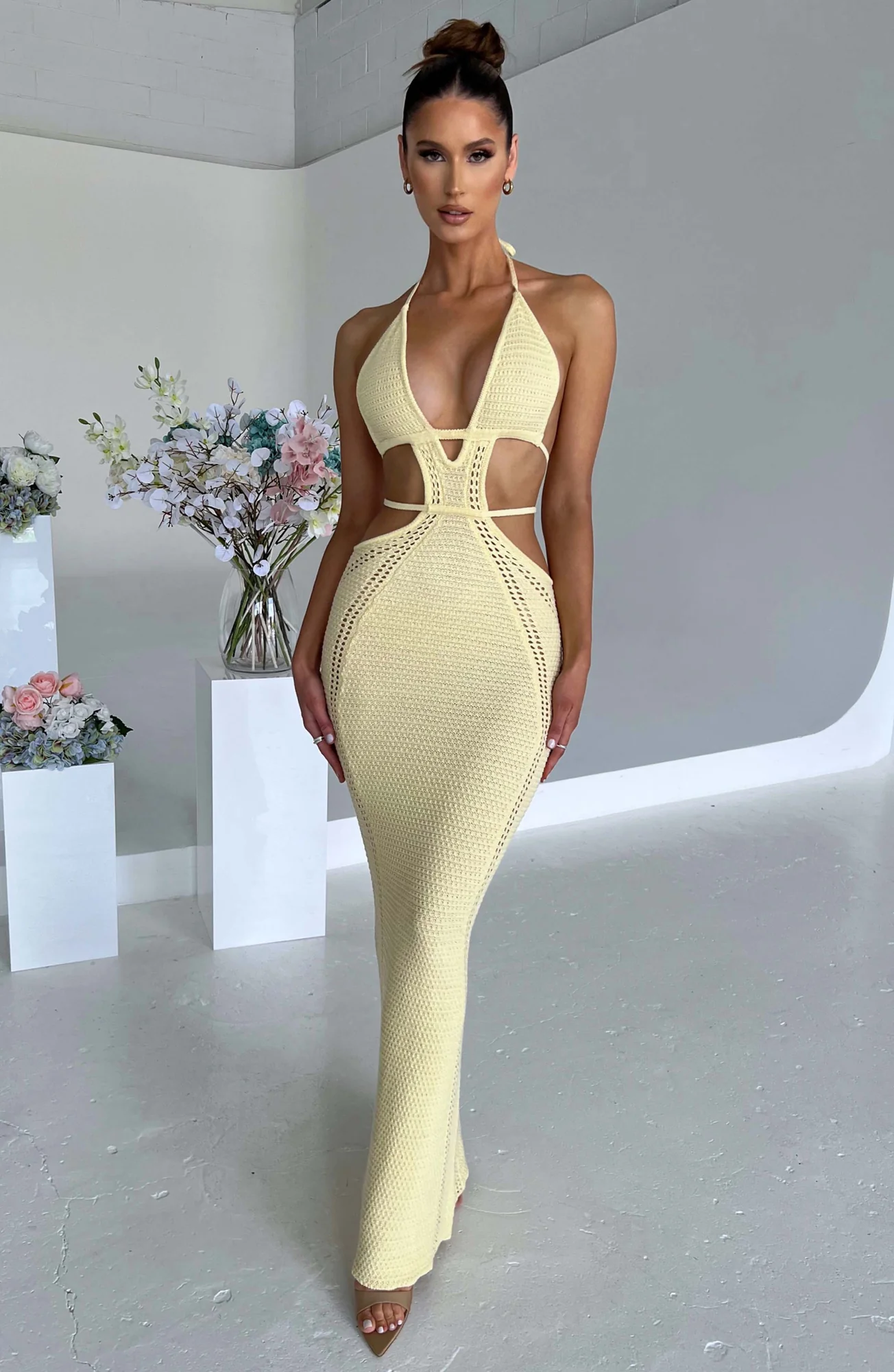 Lemon Crochet Knit Maxi Dress - Backless Plunge Neckline