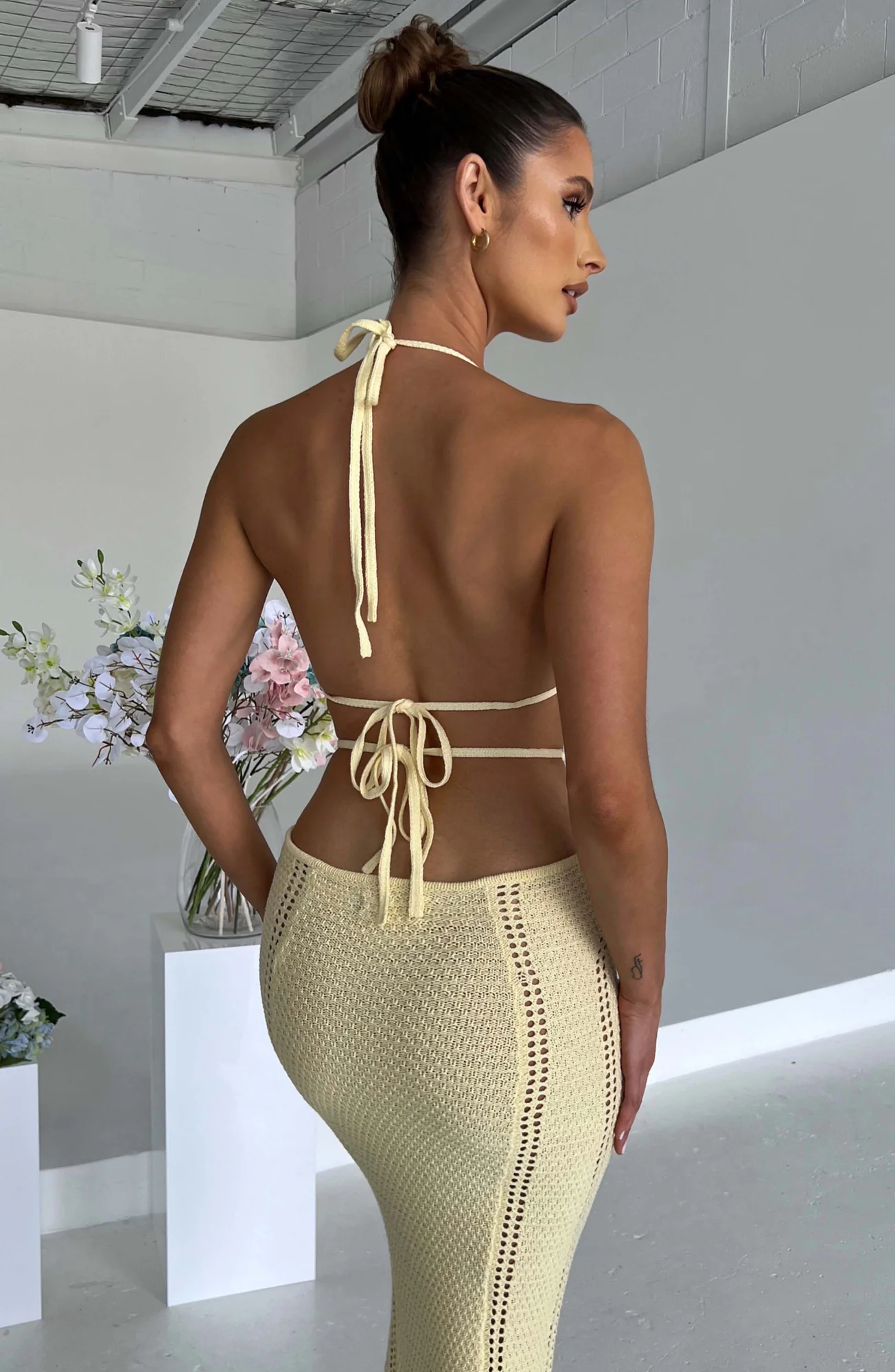 Lemon Crochet Knit Maxi Dress - Backless Plunge Neckline