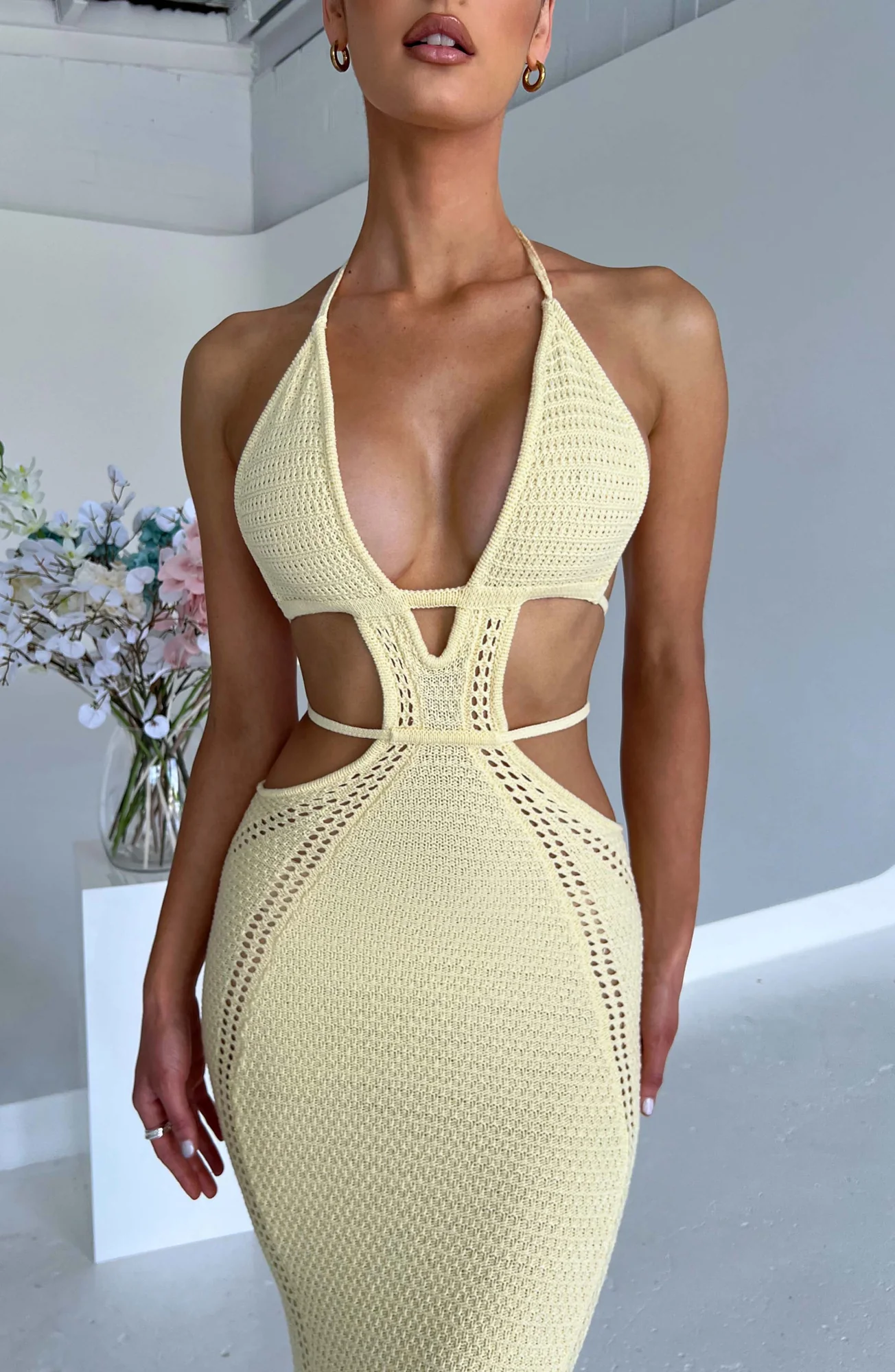 Lemon Crochet Knit Maxi Dress - Backless Plunge Neckline