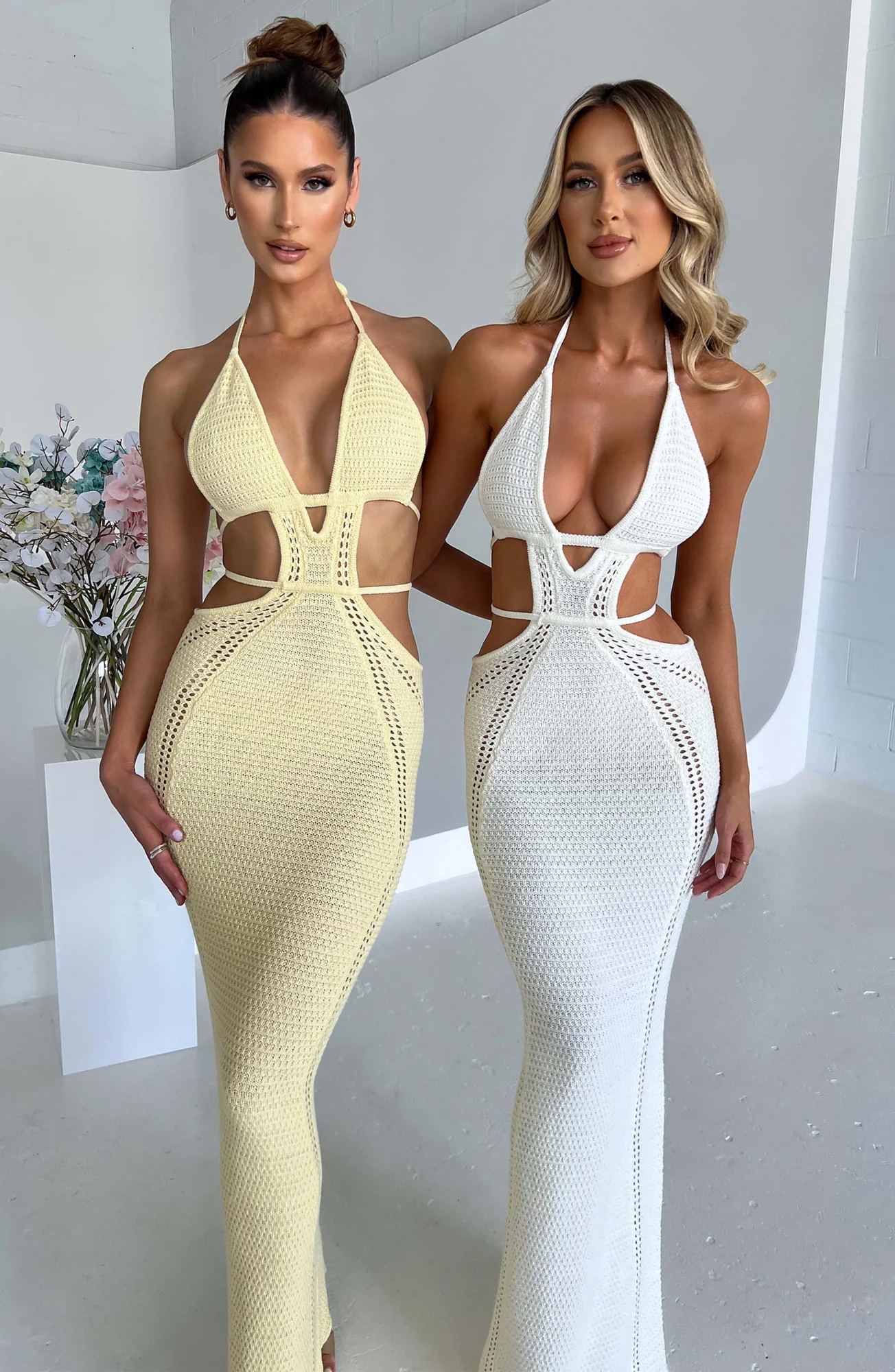 Lemon Crochet Knit Maxi Dress - Backless Plunge Neckline
