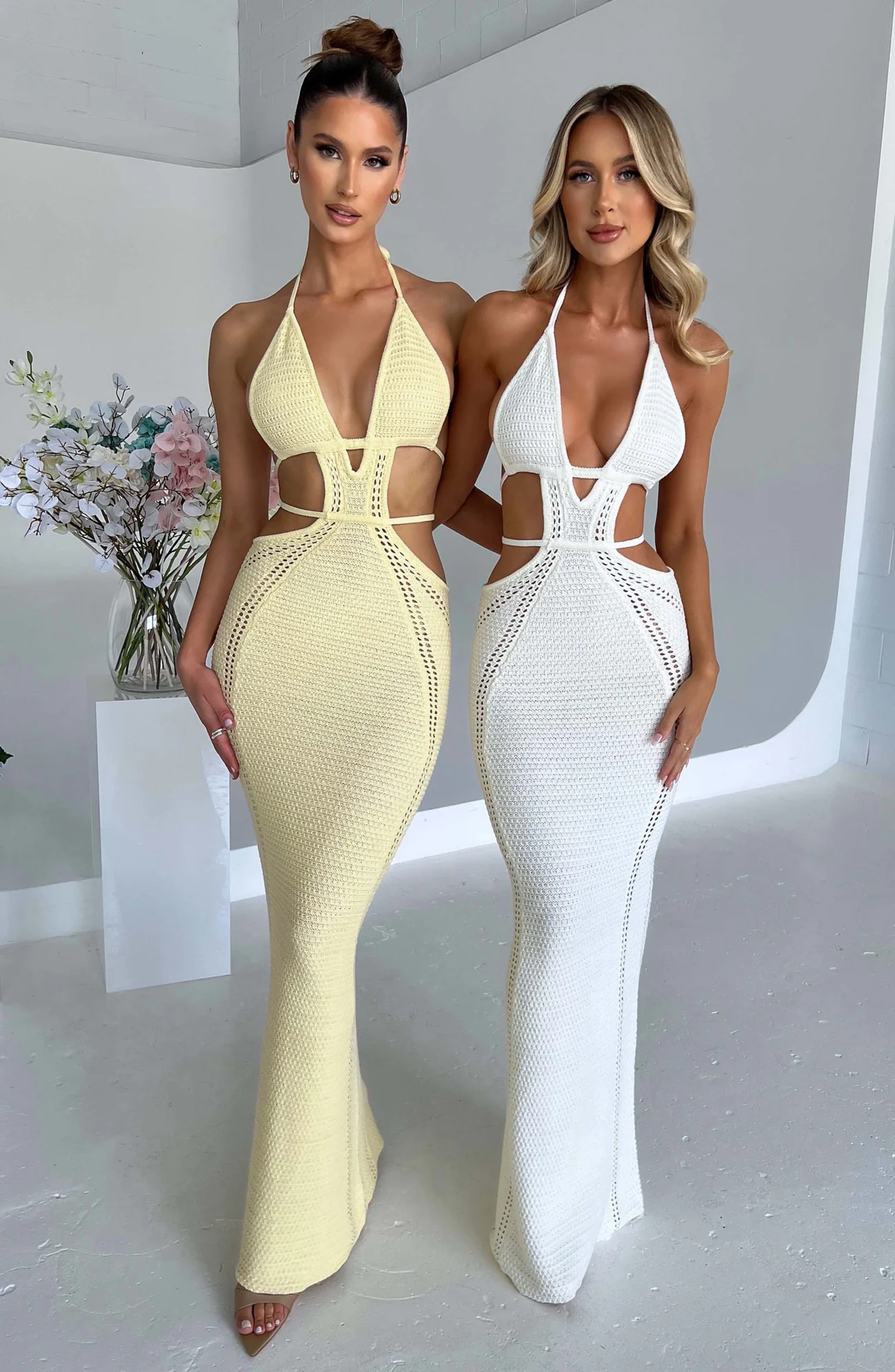 Lemon Crochet Knit Maxi Dress - Backless Plunge Neckline