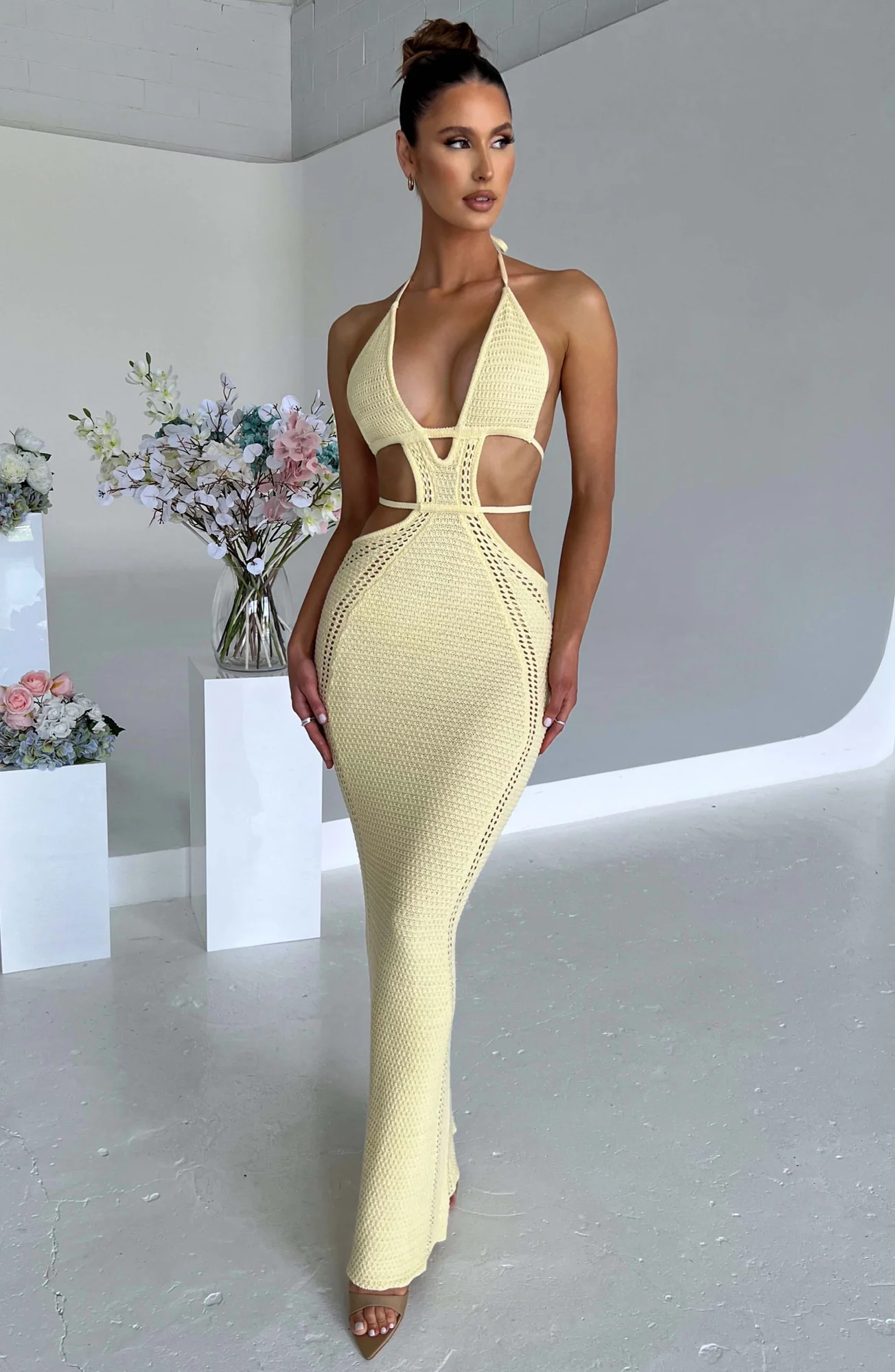 Lemon Crochet Knit Maxi Dress - Backless Plunge Neckline