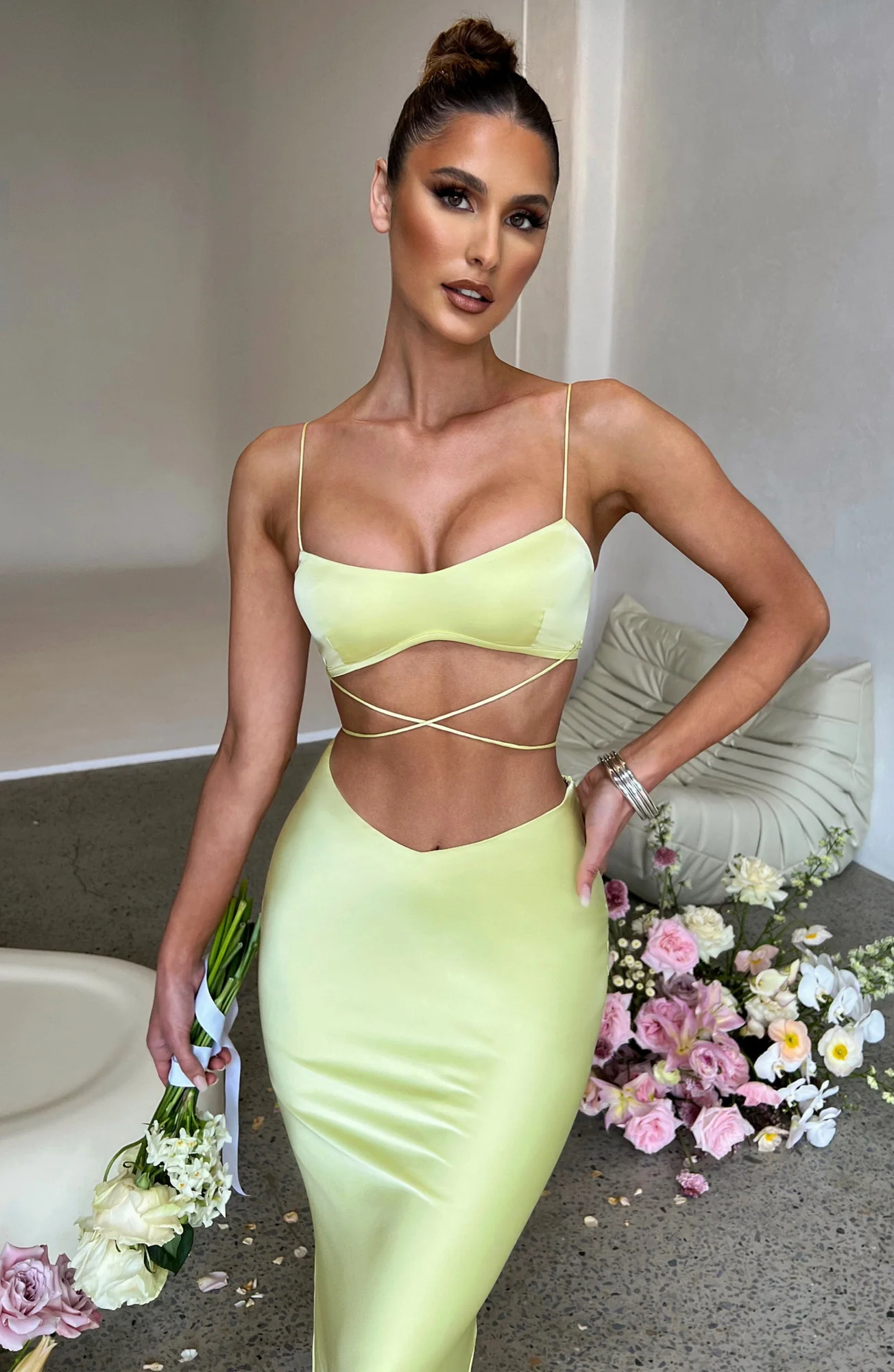 Luxury Lime Stretch Satin Crop Top with Tie Waist - Valeria