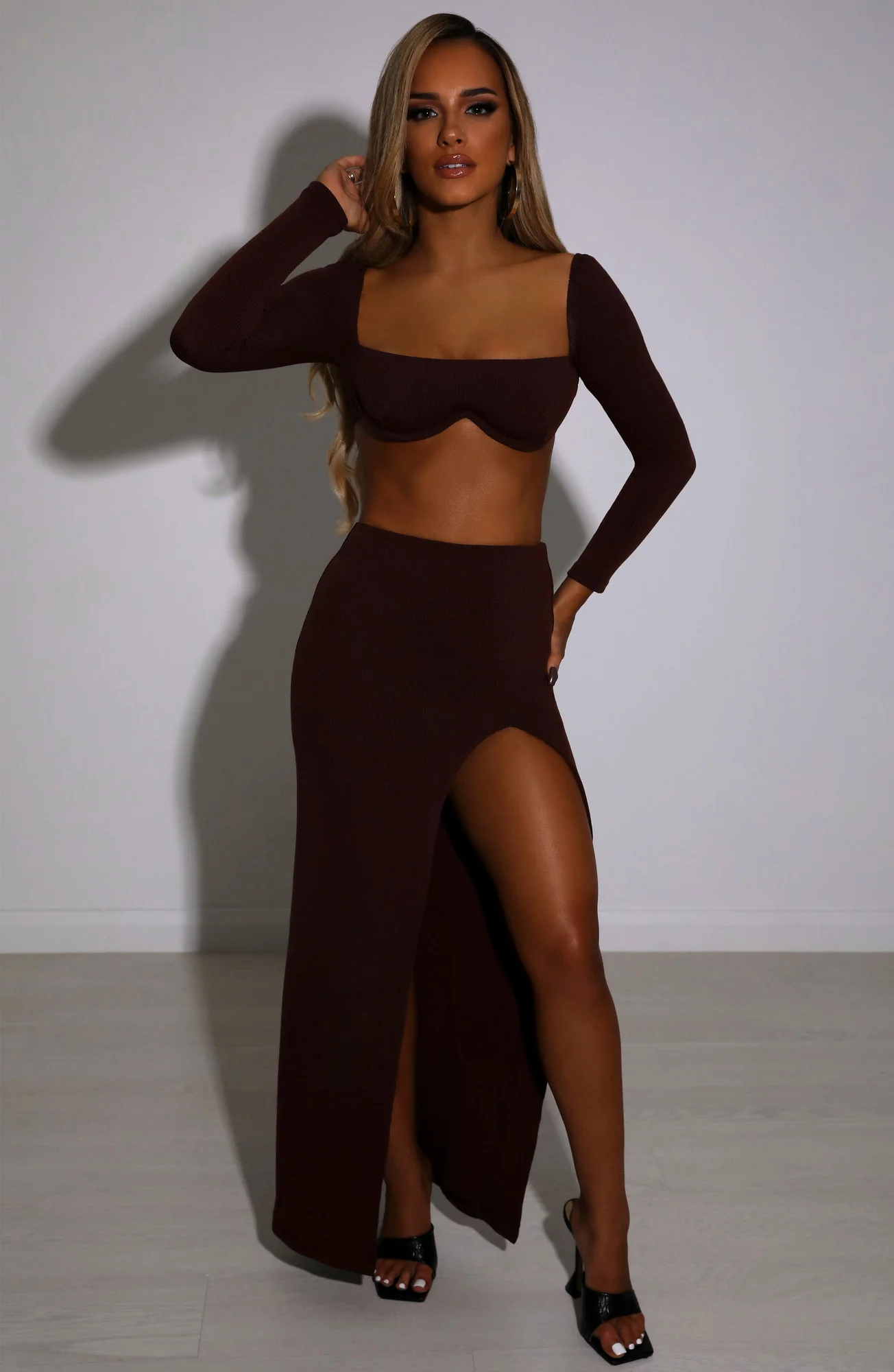 Chocolate Double Layered Maxi Skirt - Ribbed Fabric